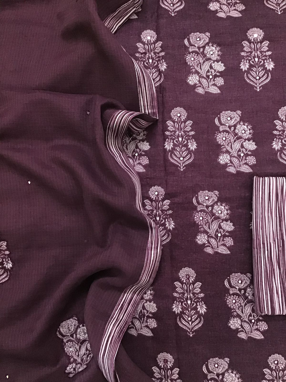 Pure Cotton Printed Embroidered Suit - Wine