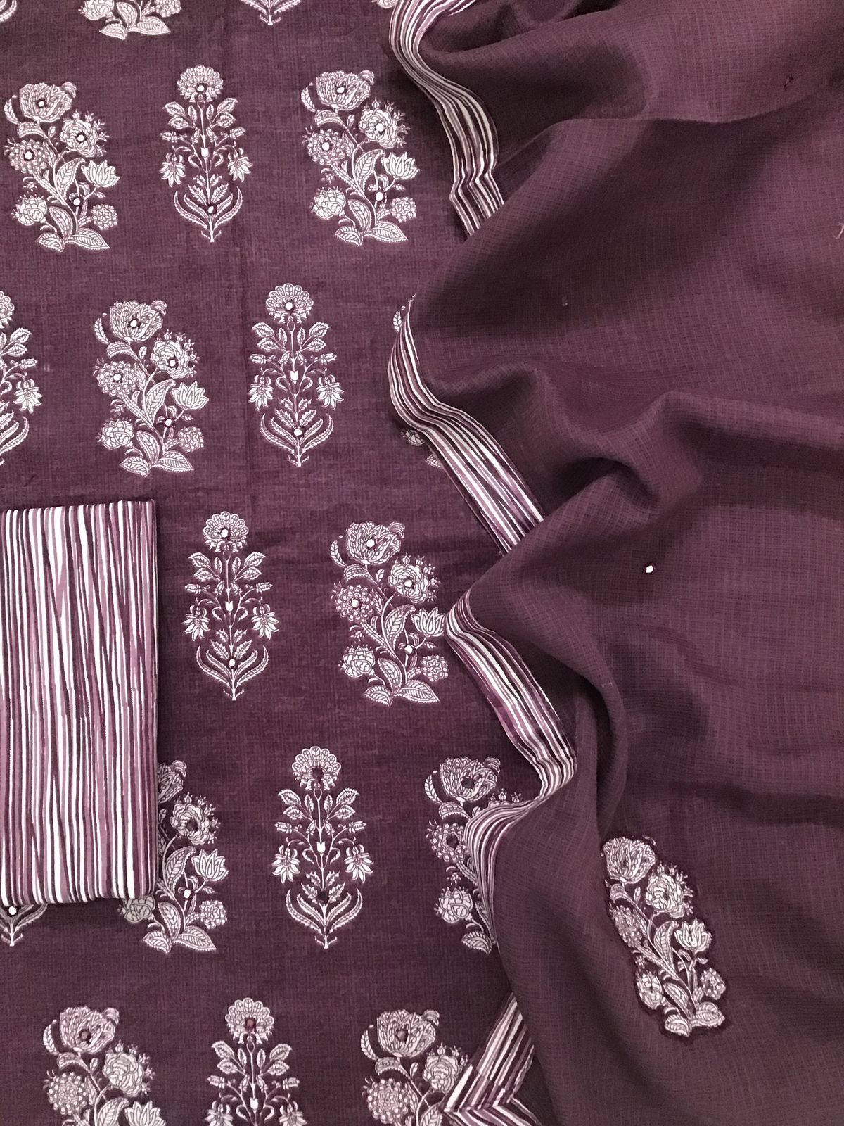 Pure Cotton Printed Embroidered Suit - Wine