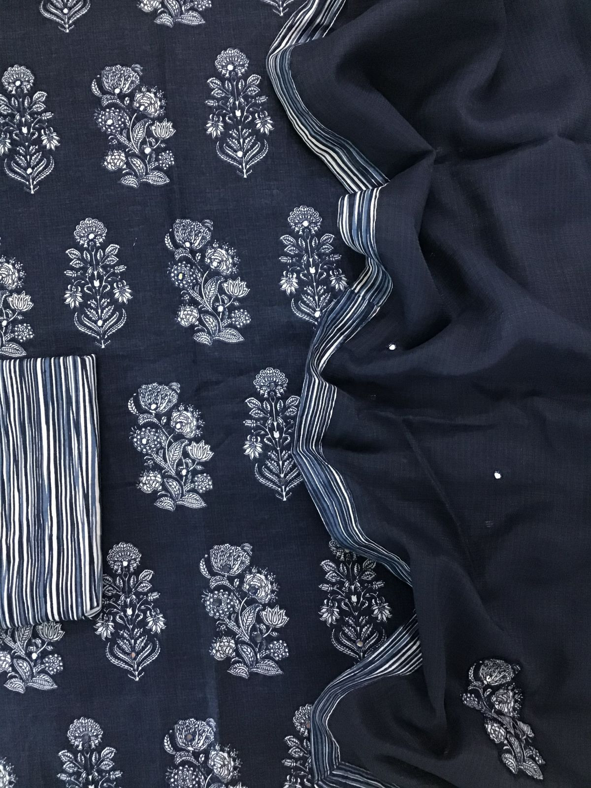 Pure Cotton Printed Embroidered Suit - Blue