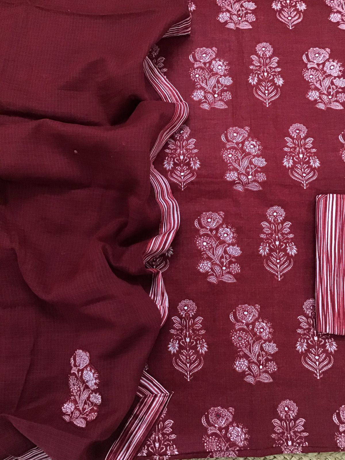 Pure Cotton Printed Embroidered Suit - Maroon