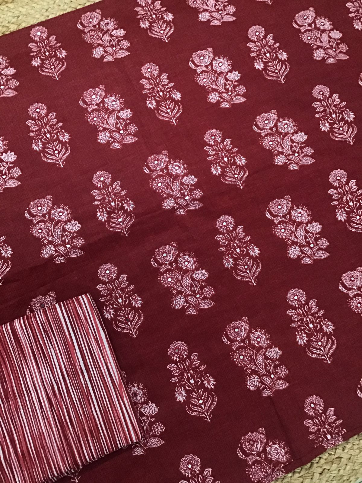 Pure Cotton Printed Embroidered Suit - Maroon