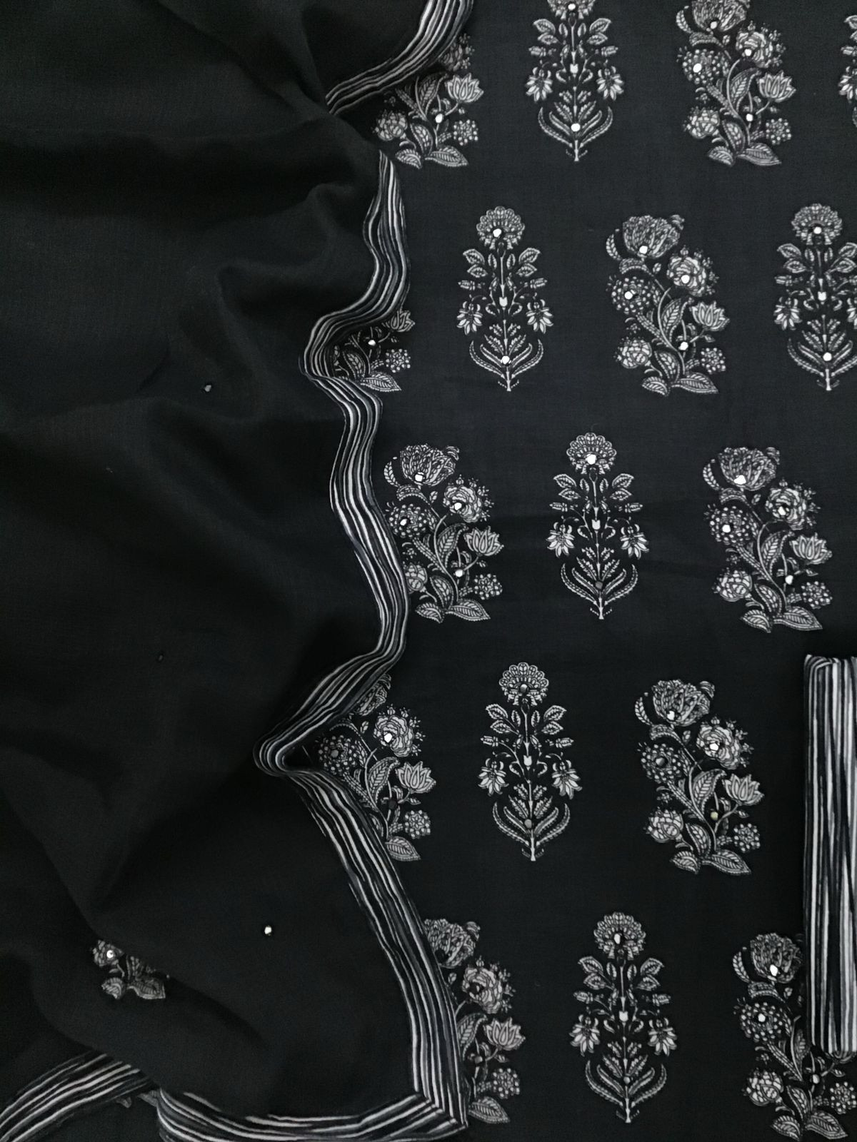 Pure Cotton Printed Embroidered Suit - Black