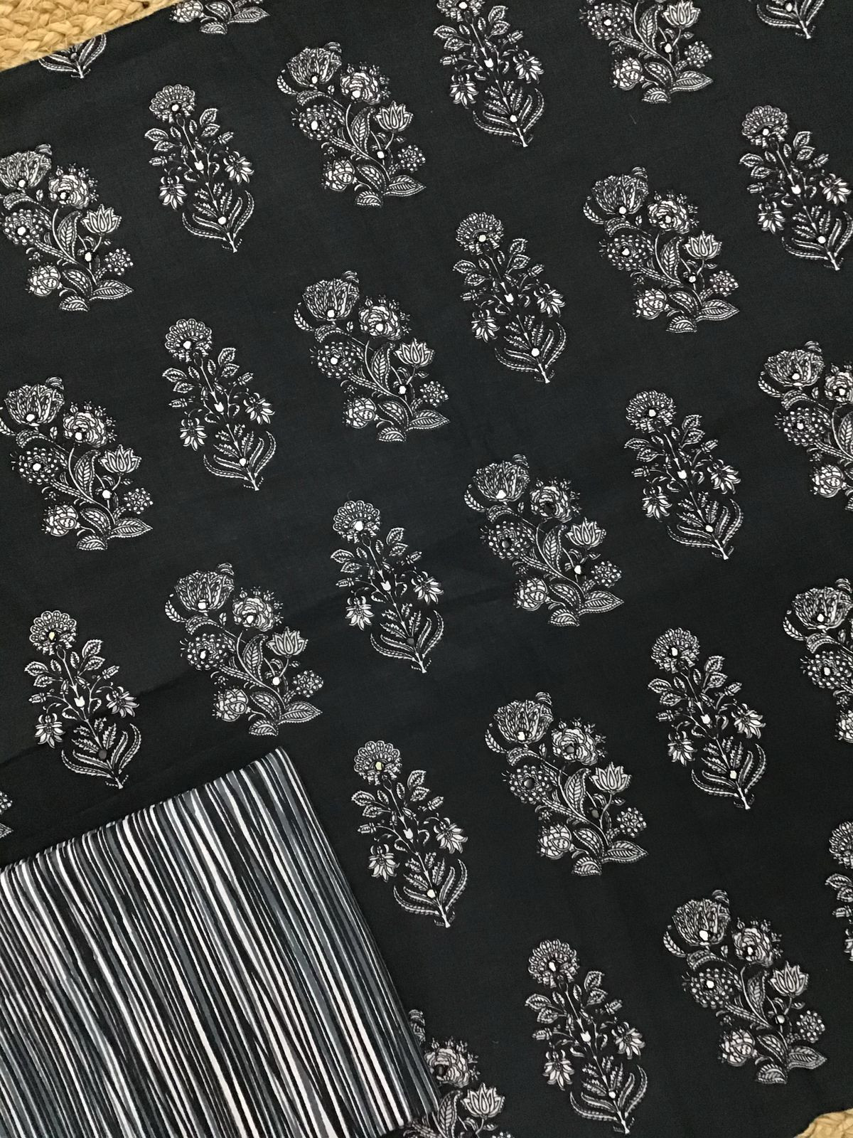 Pure Cotton Printed Embroidered Suit - Black