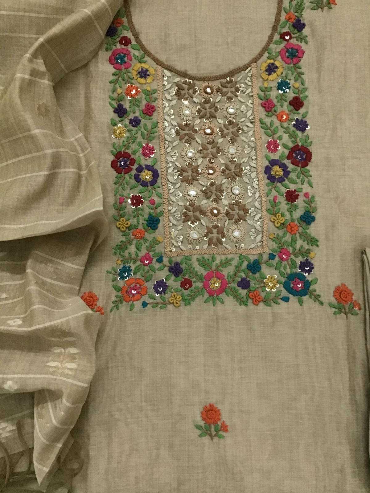 Soft Kora Chanderi Embroidered Suit - Beige