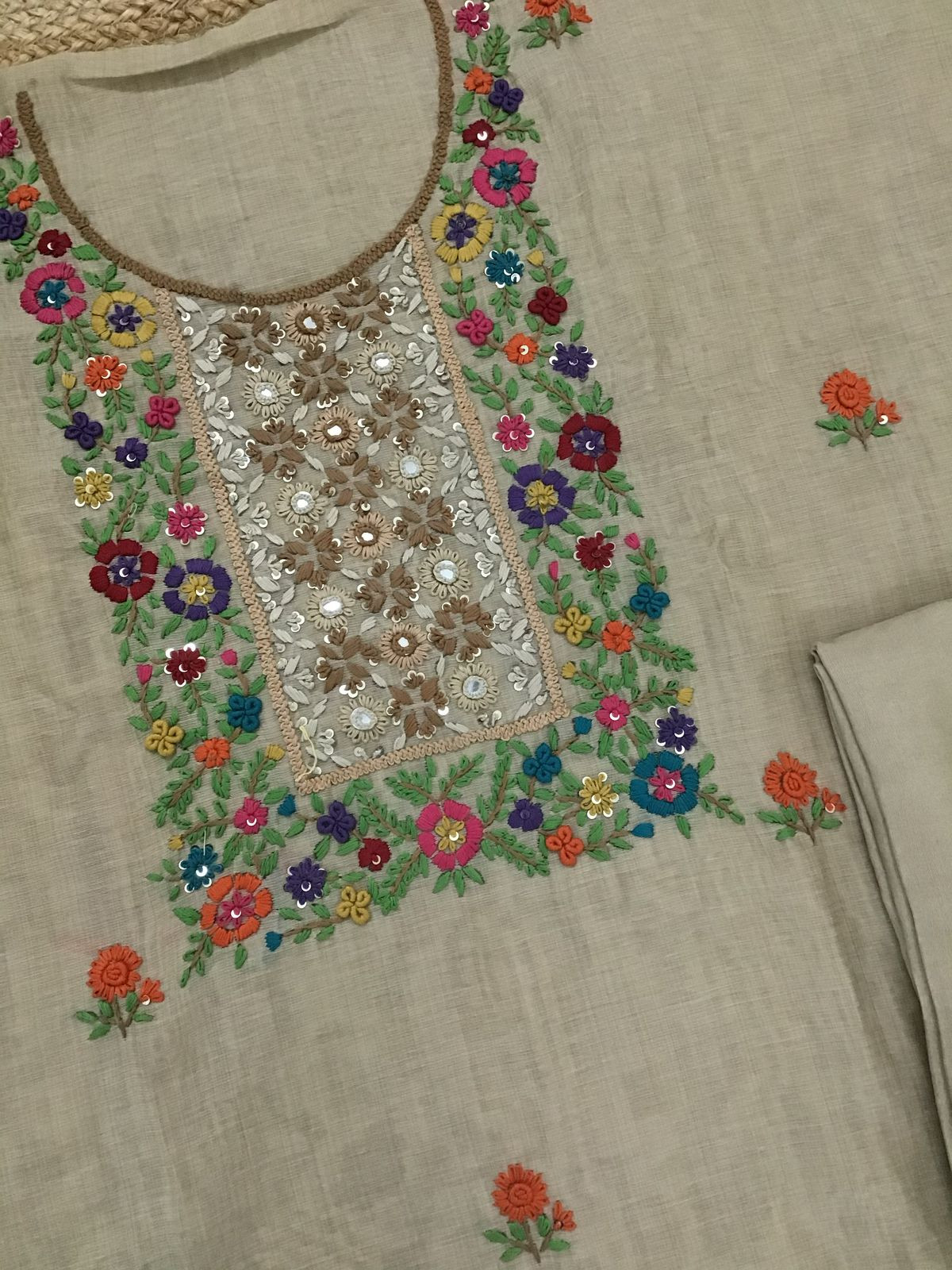 Soft Kora Chanderi Embroidered Suit - Beige