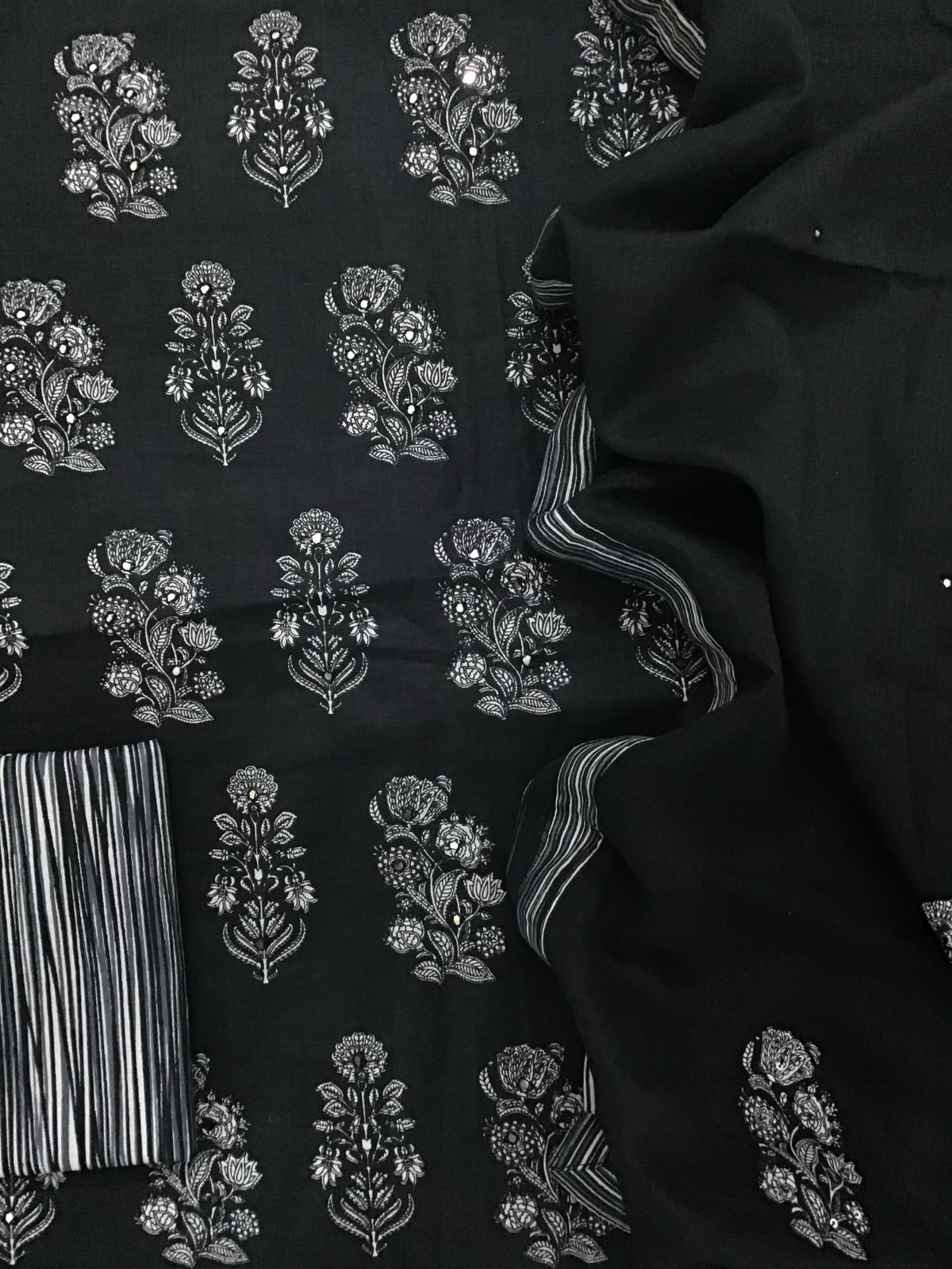 Pure Cotton Printed Embroidered Suit - Black