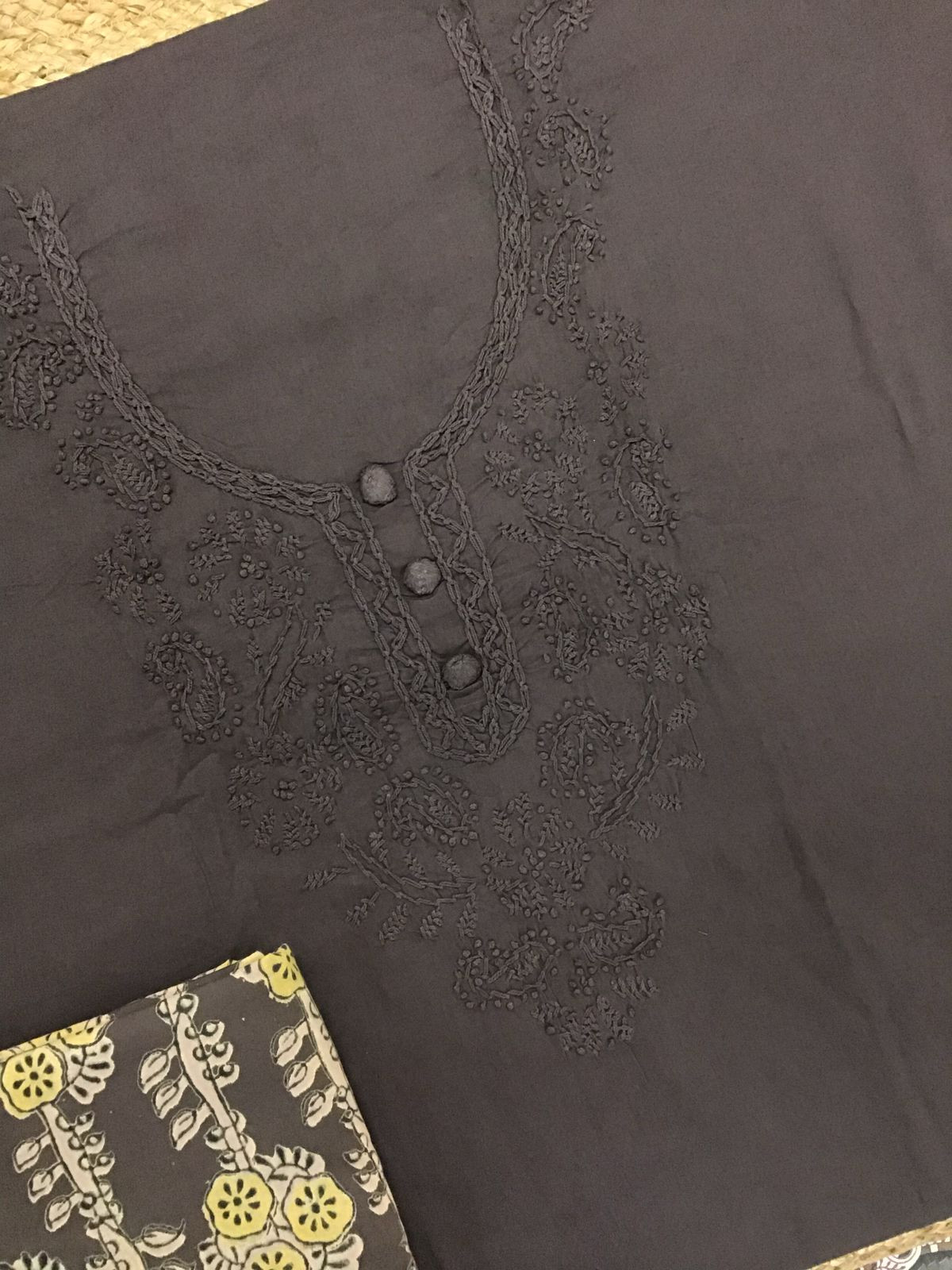 Pure Cotton Printed Embroidered Suit - Brown