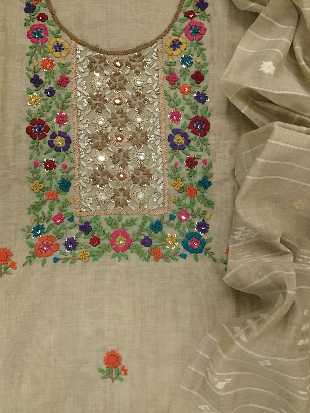 Soft Kora Chanderi Embroidered Suit - Beige