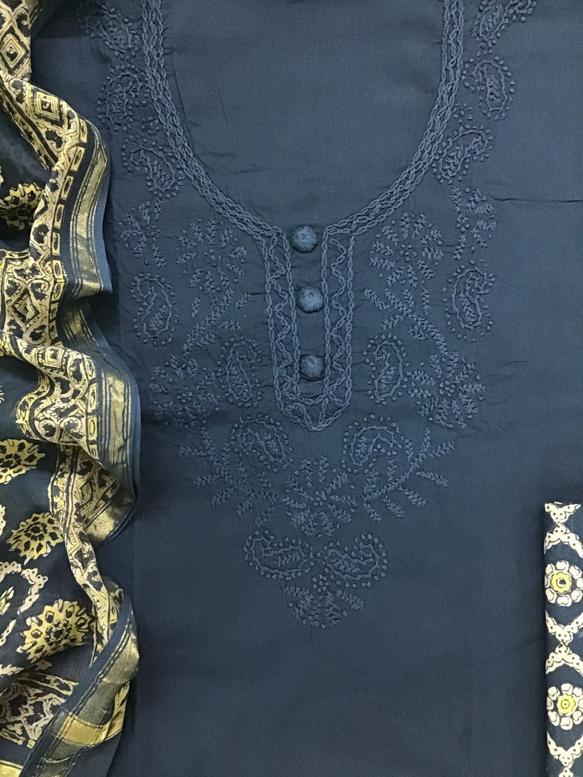 Pure Cotton Printed Embroidered Suit - Blue