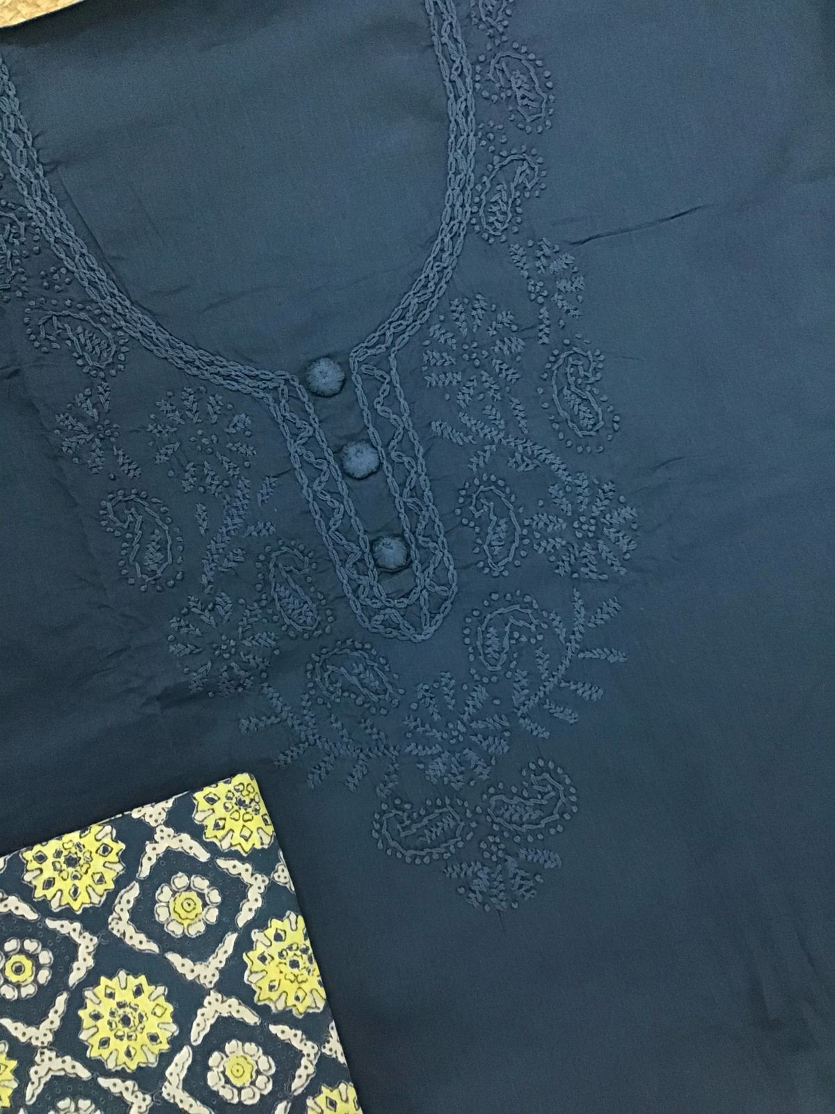 Pure Cotton Printed Embroidered Suit - Blue