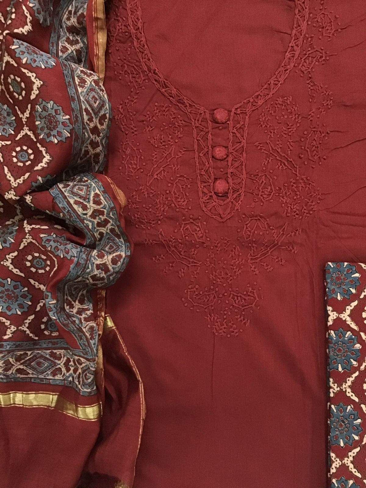 Pure Cotton Printed Embroidered Suit - Maroon
