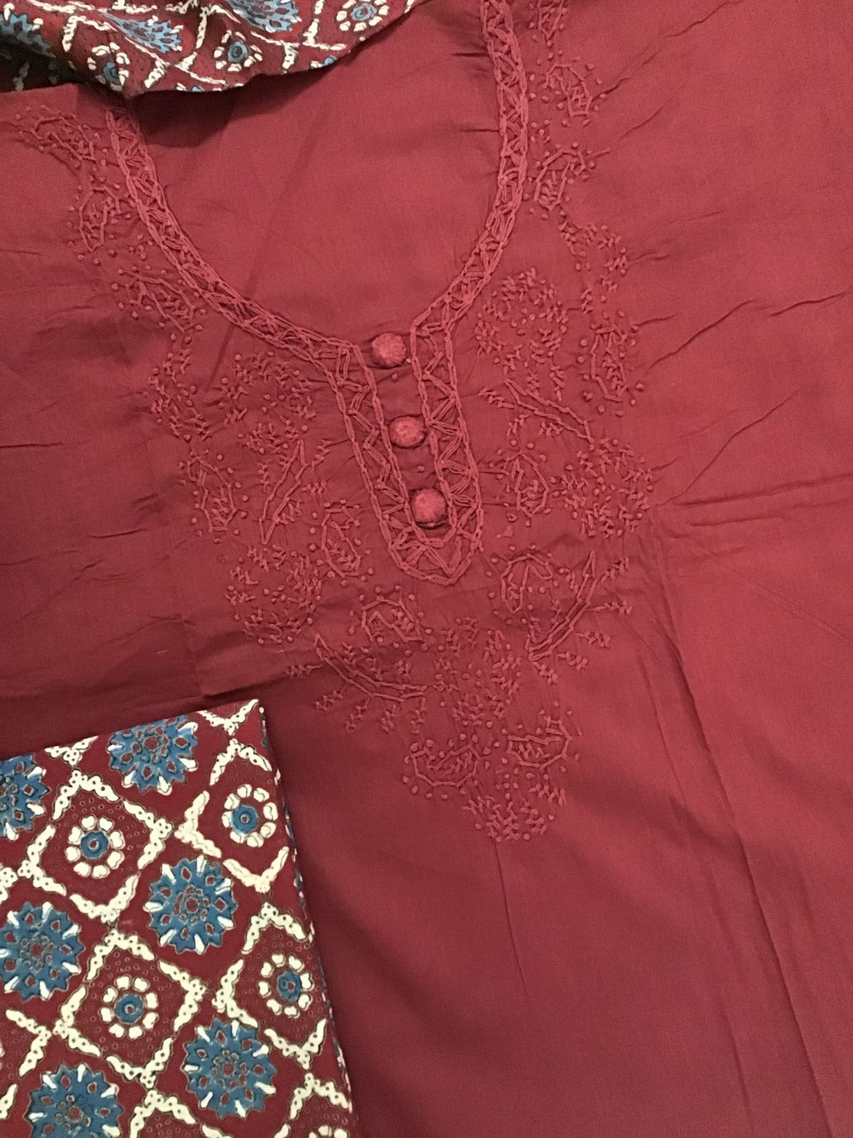 Pure Cotton Printed Embroidered Suit - Maroon