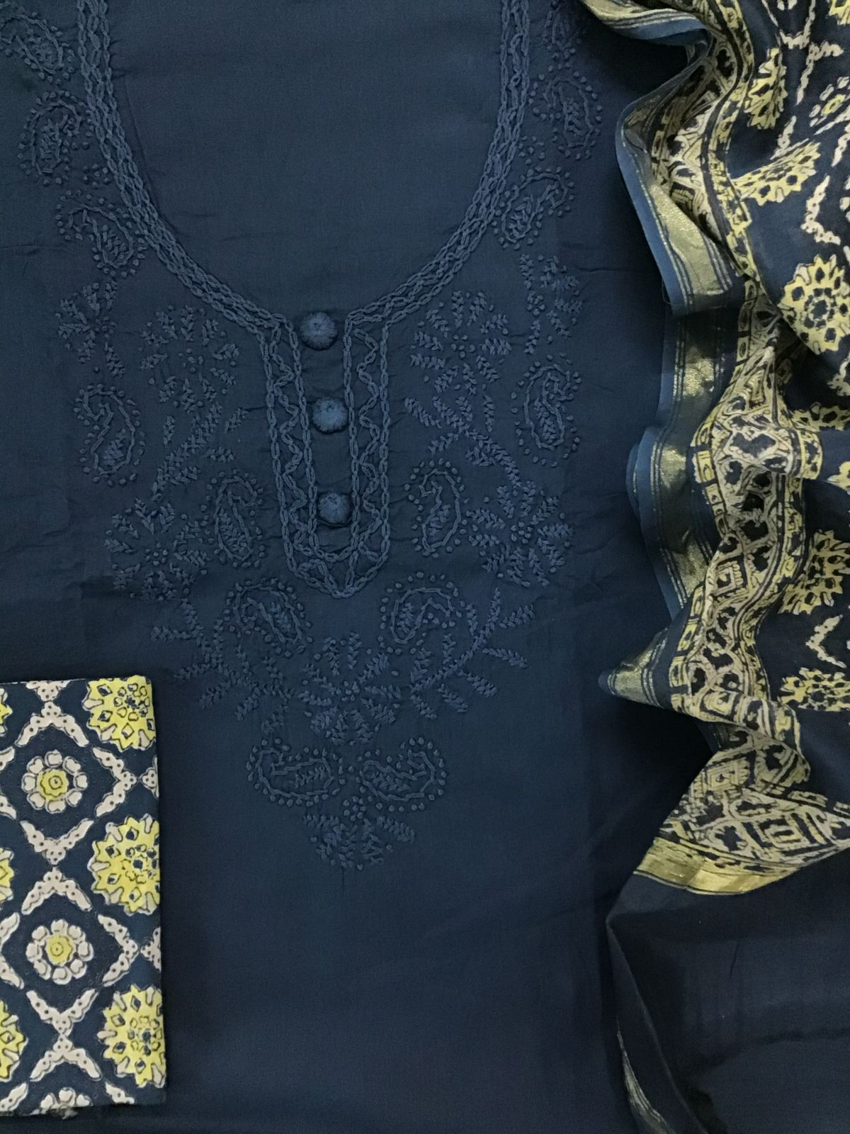 Pure Cotton Printed Embroidered Suit - Blue