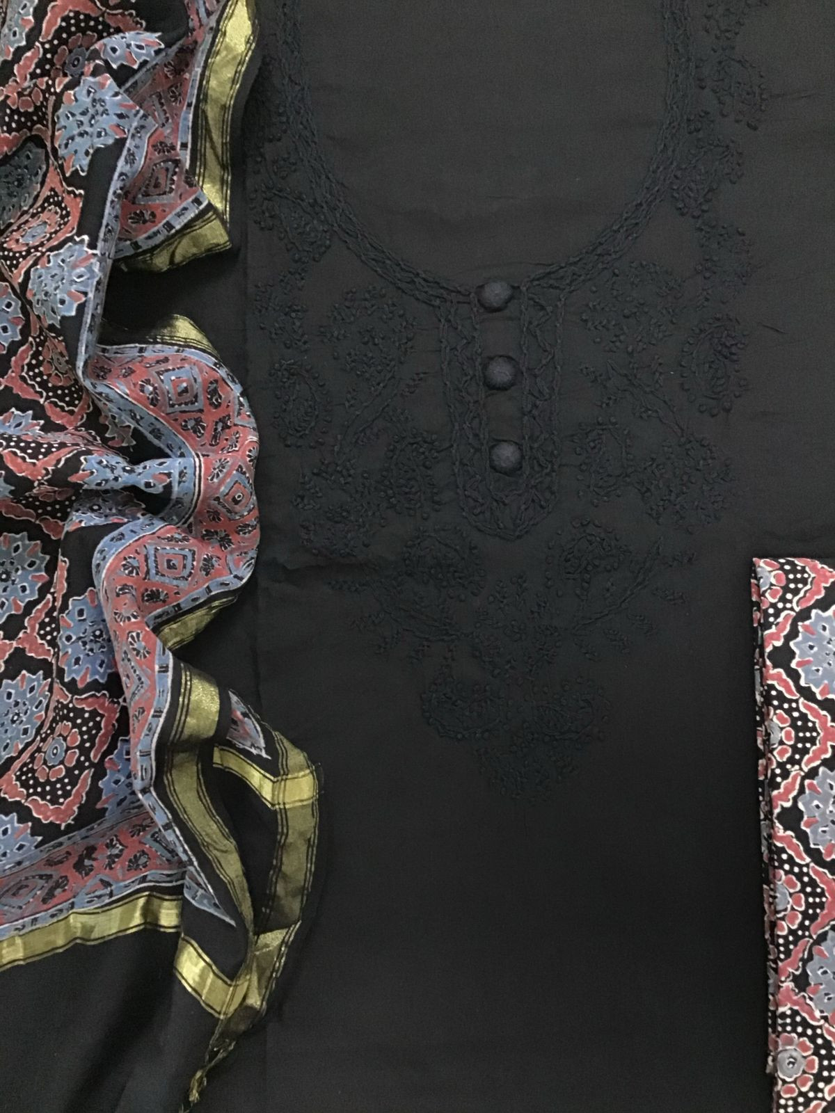 Pure Cotton Printed Embroidered Suit - Black
