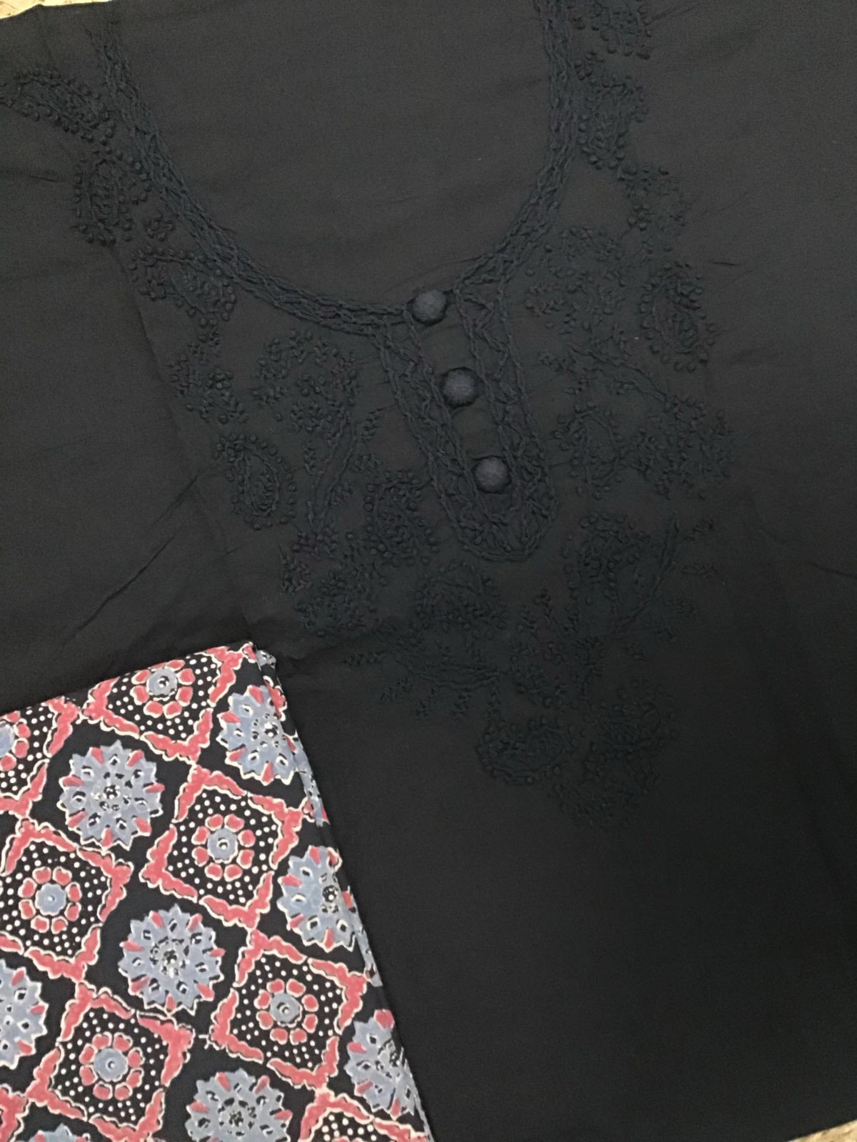 Pure Cotton Printed Embroidered Suit - Black