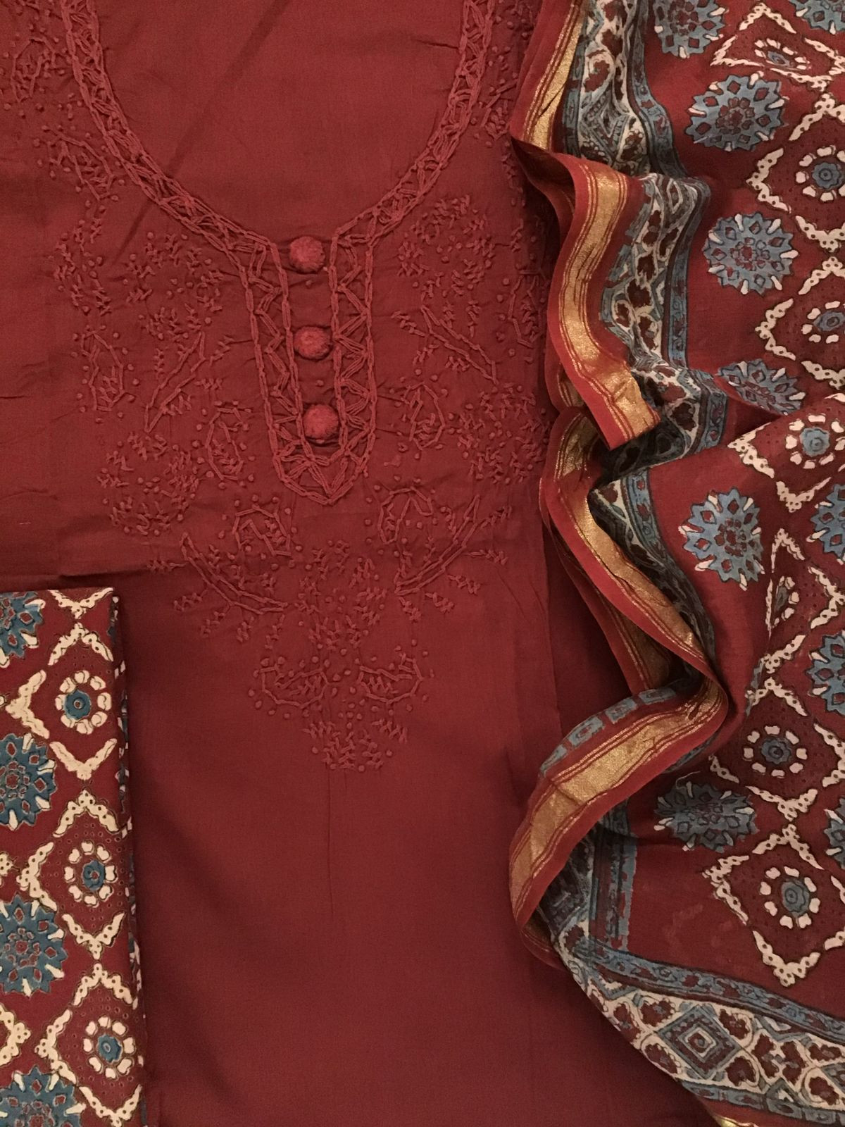 Pure Cotton Printed Embroidered Suit - Maroon