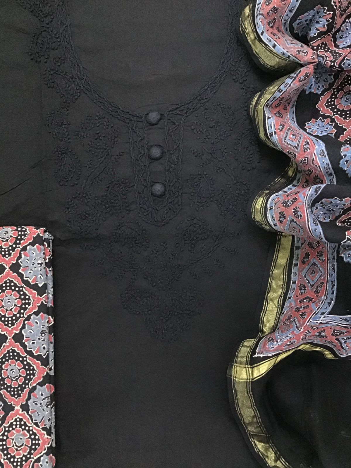 Pure Cotton Printed Embroidered Suit - Black
