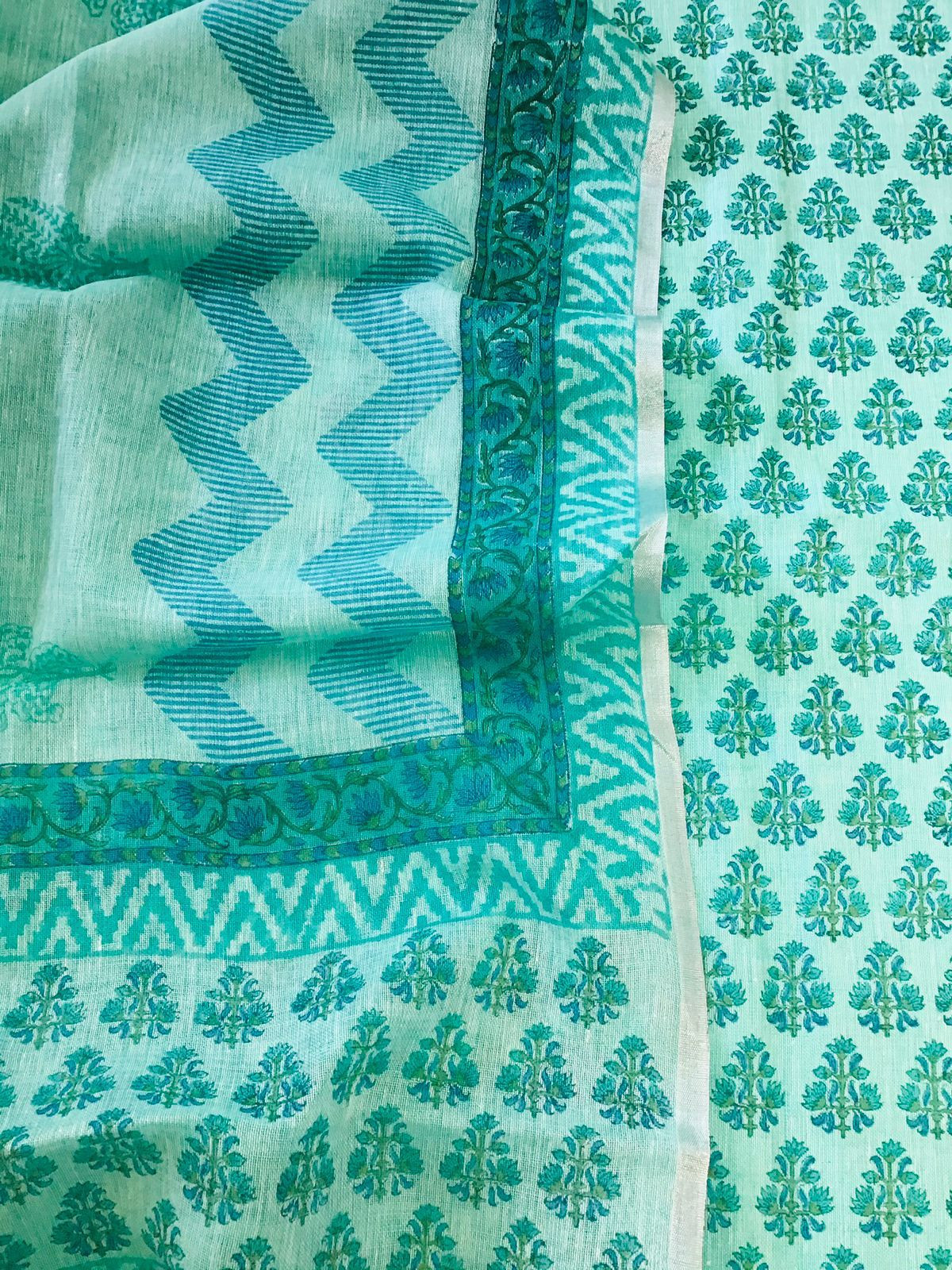 Pure Thick Jute Cotton Printed Suit - Sea Green