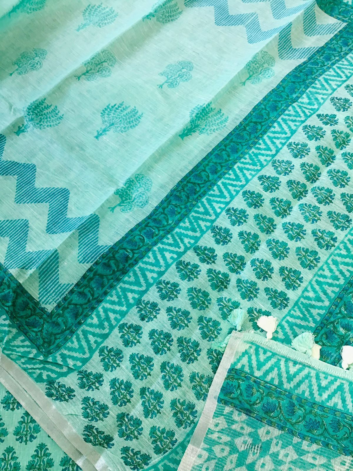 Pure Thick Jute Cotton Printed Suit - Sea Green