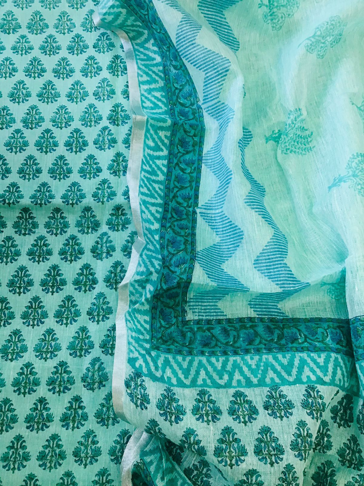 Pure Thick Jute Cotton Printed Suit - Sea Green