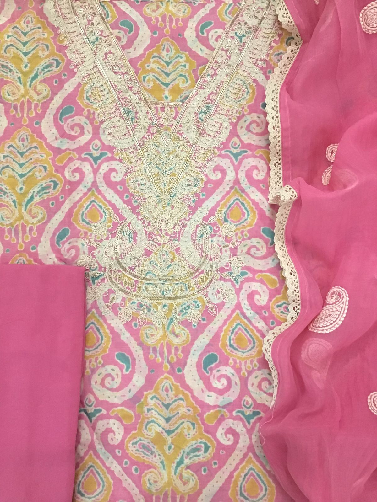 Pure Muslin Printed Embroidered Suit - Pink