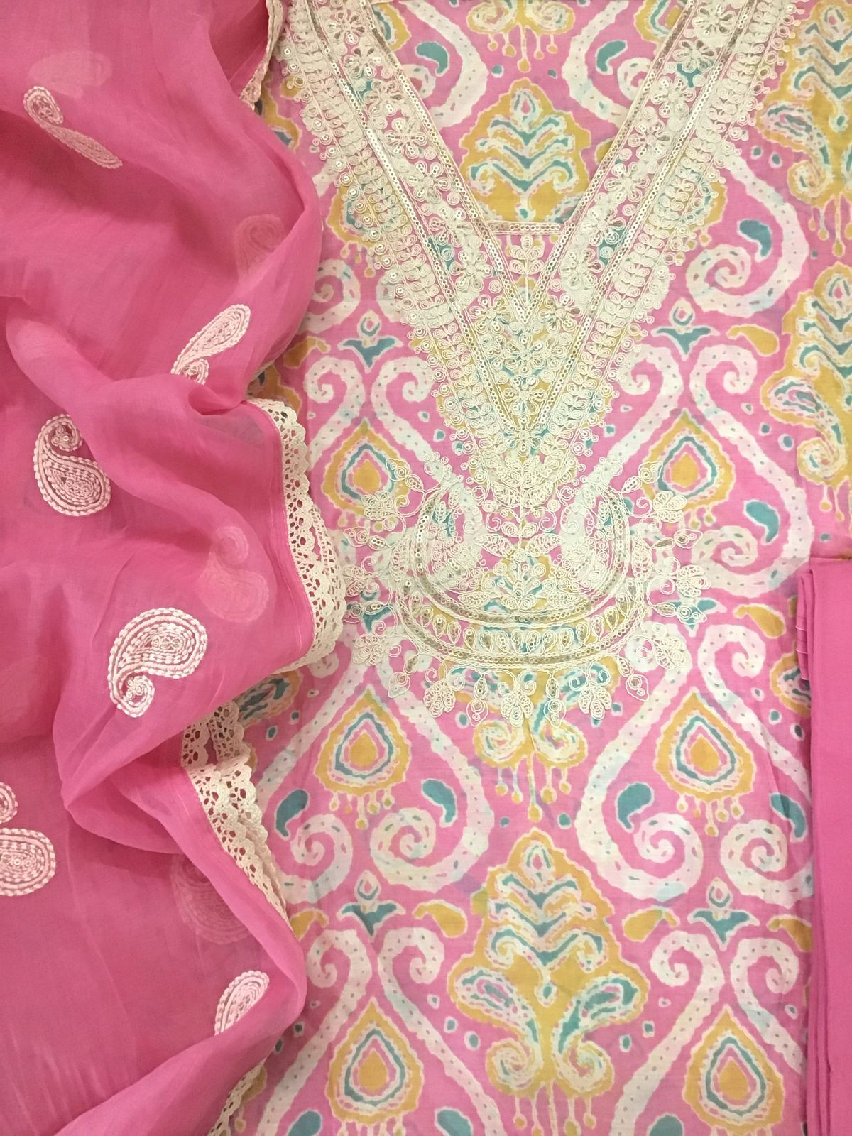 Pure Muslin Printed Embroidered Suit - Pink