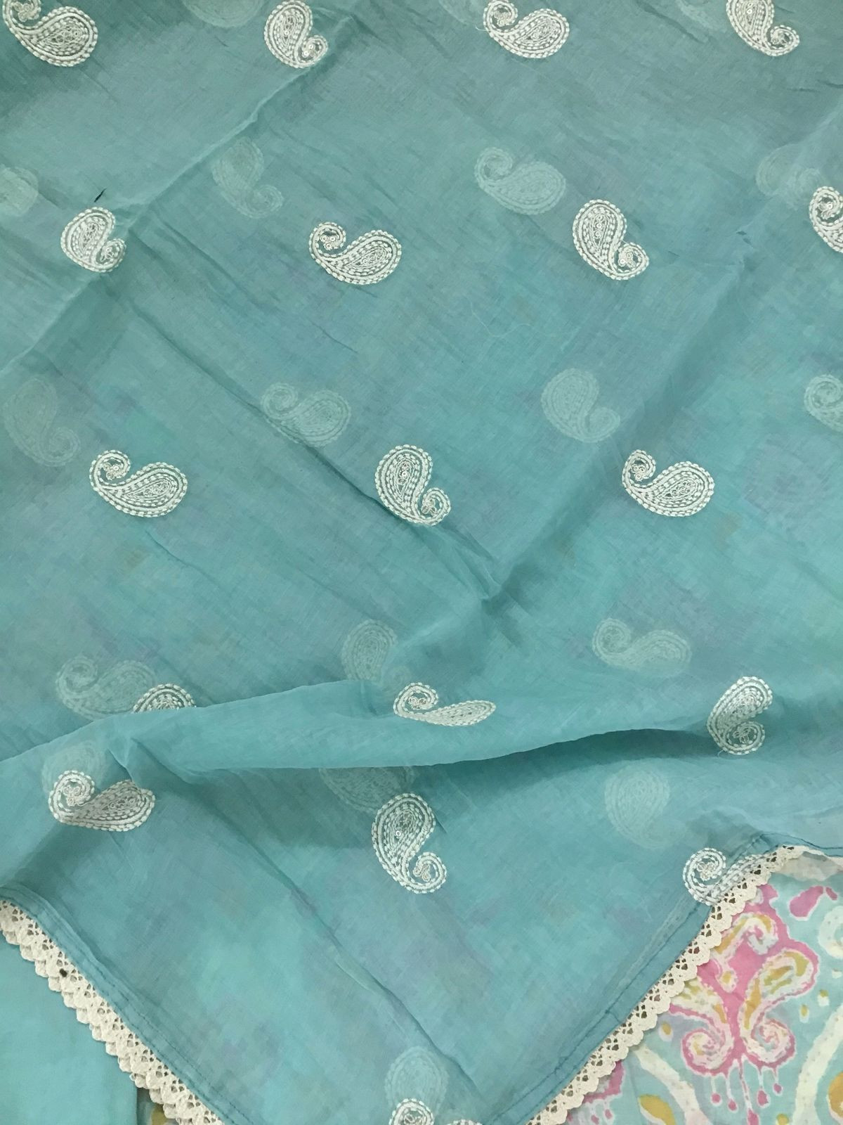 Pure Muslin Printed Embroidered Suit - Blue