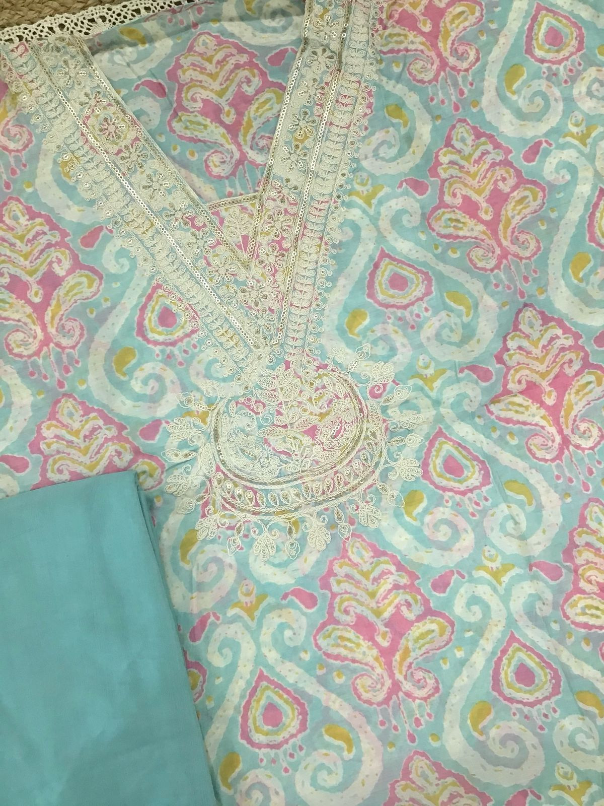 Pure Muslin Printed Embroidered Suit - Blue