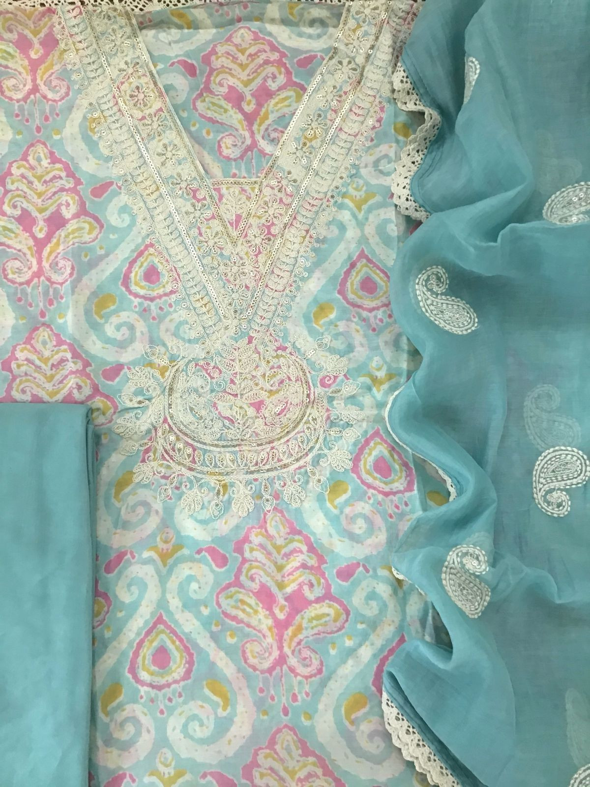 Pure Muslin Printed Embroidered Suit - Blue
