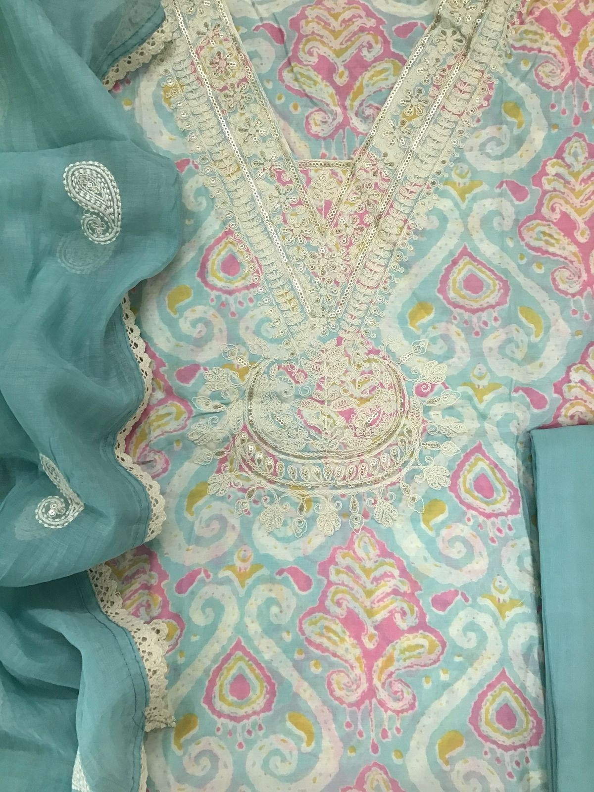 Pure Muslin Printed Embroidered Suit - Blue