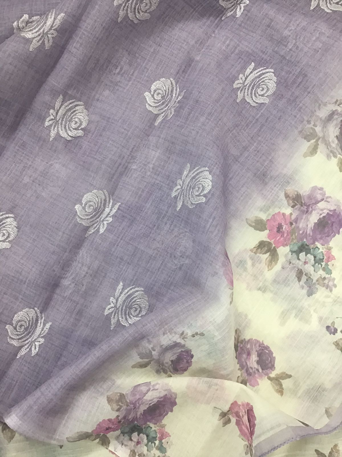 Soft Linen Jute Cotton Printed Embroidered Suit - Off White