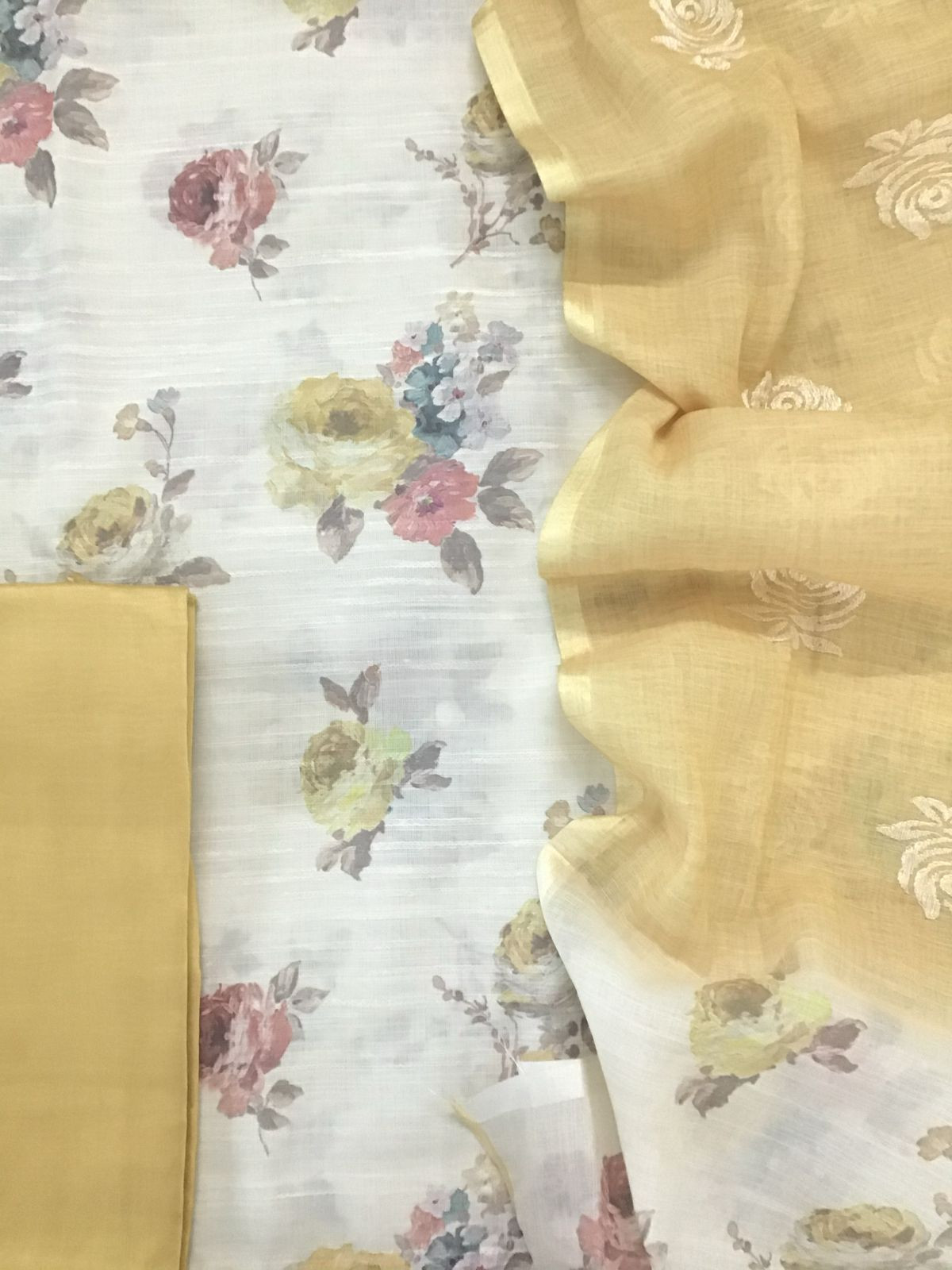 Soft Linen Jute Cotton Printed Embroidered Suit - Off White