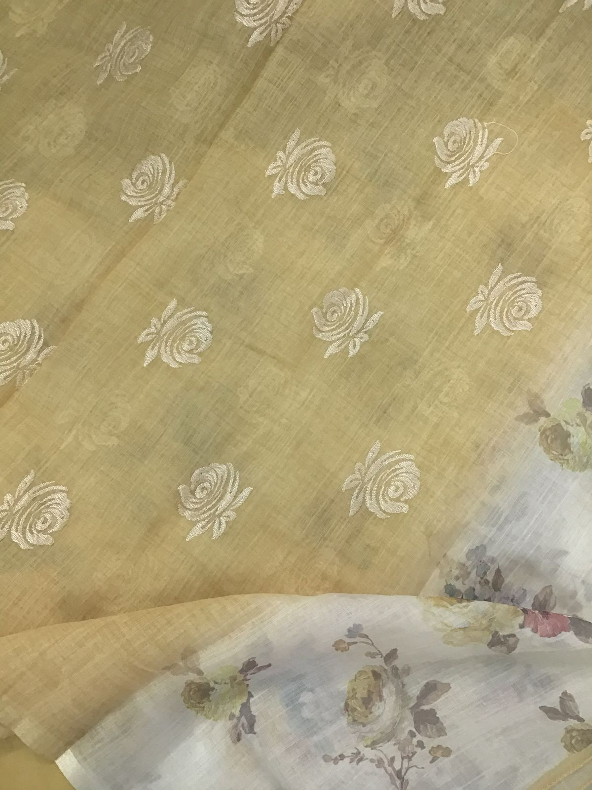 Soft Linen Jute Cotton Printed Embroidered Suit - Off White