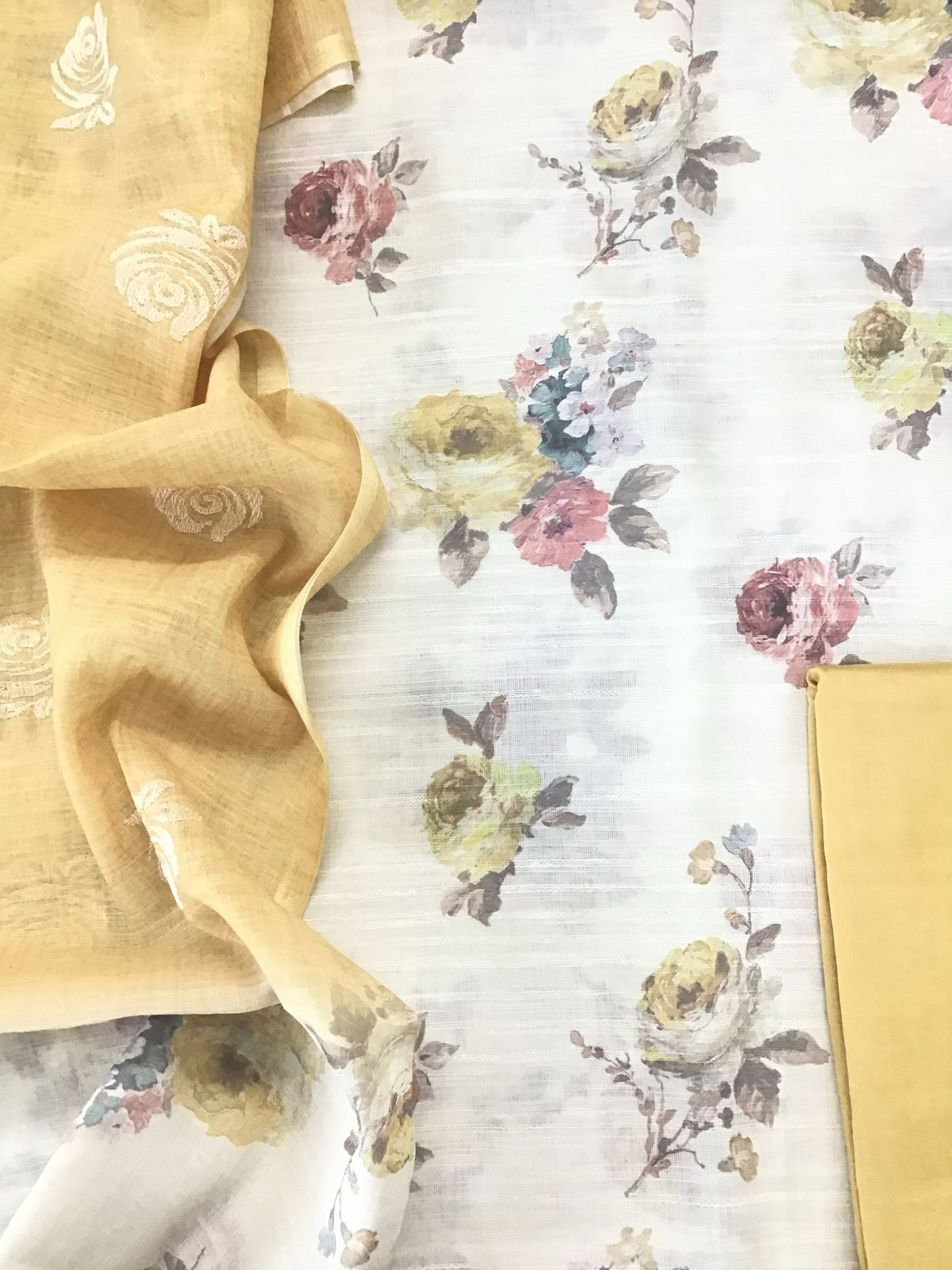 Soft Linen Jute Cotton Printed Embroidered Suit - Off White