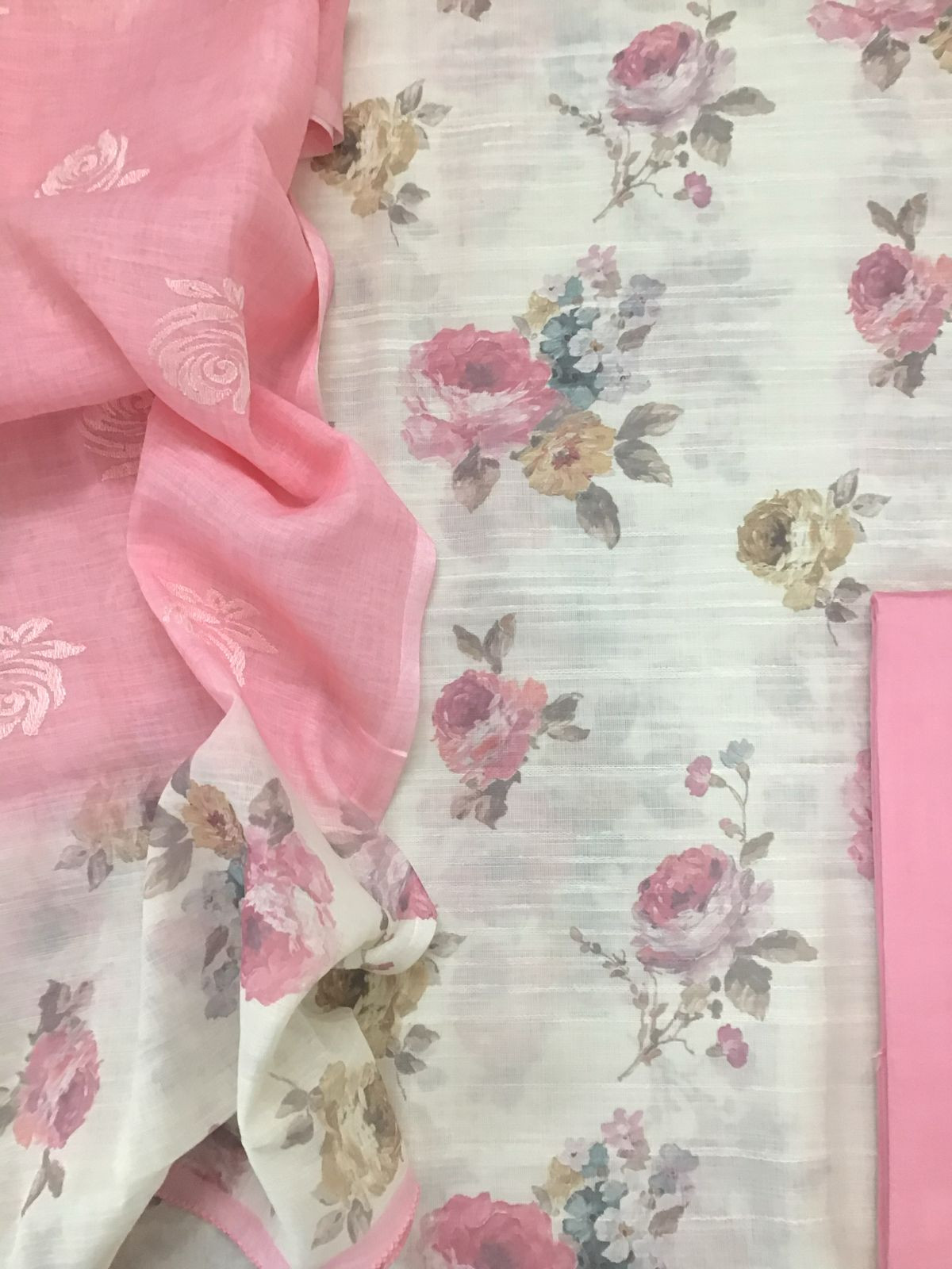 Soft Linen Jute Cotton Printed Embroidered Suit - Off White