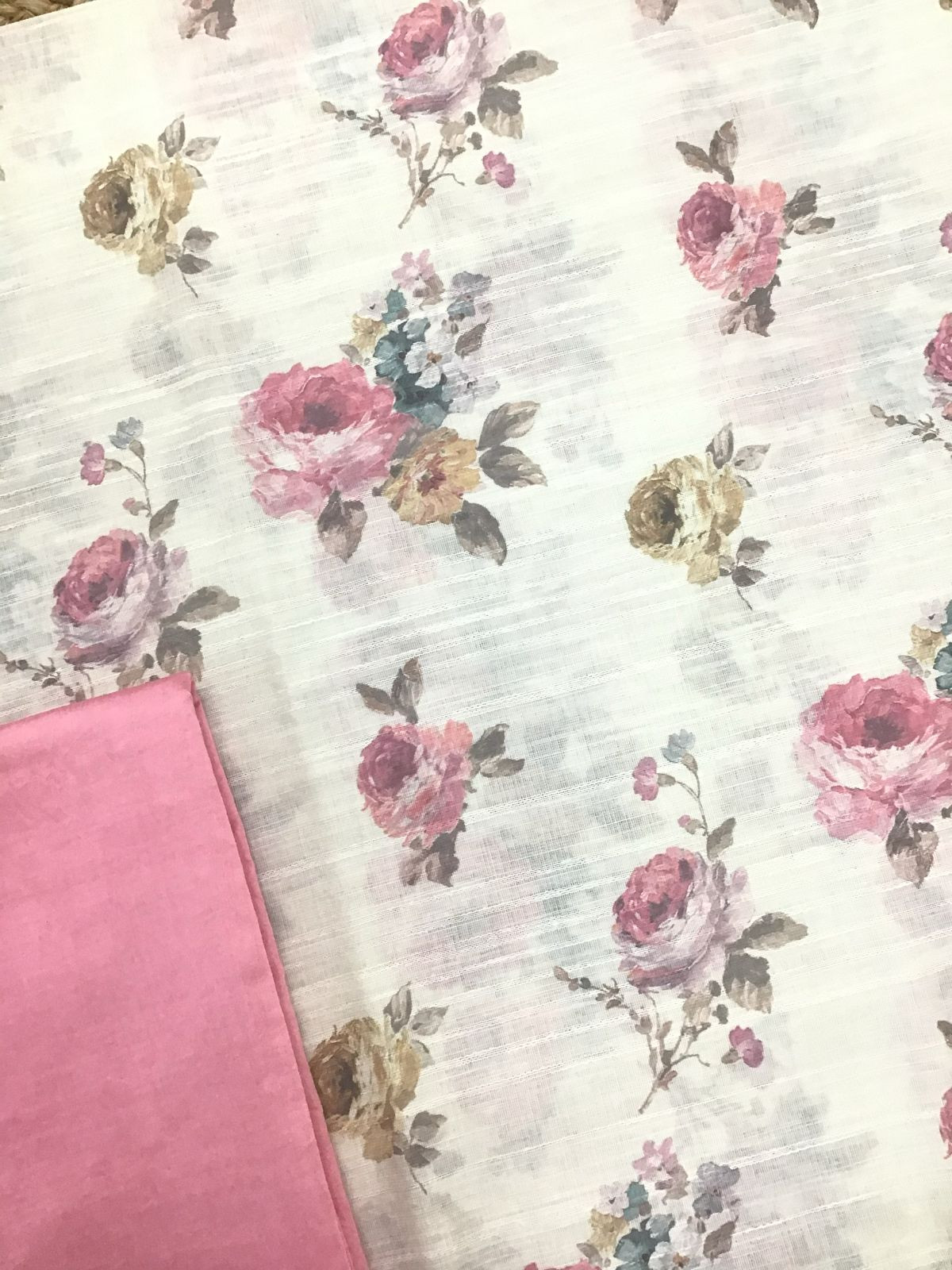 Soft Linen Jute Cotton Printed Embroidered Suit - Off White