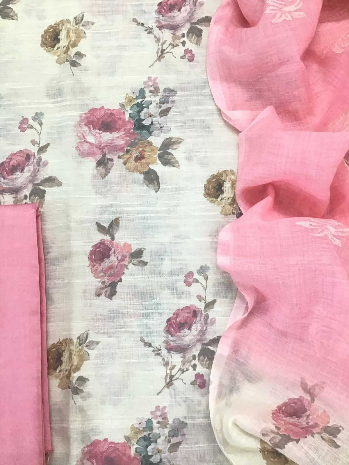 Soft Linen Jute Cotton Printed Embroidered Suit - Off White