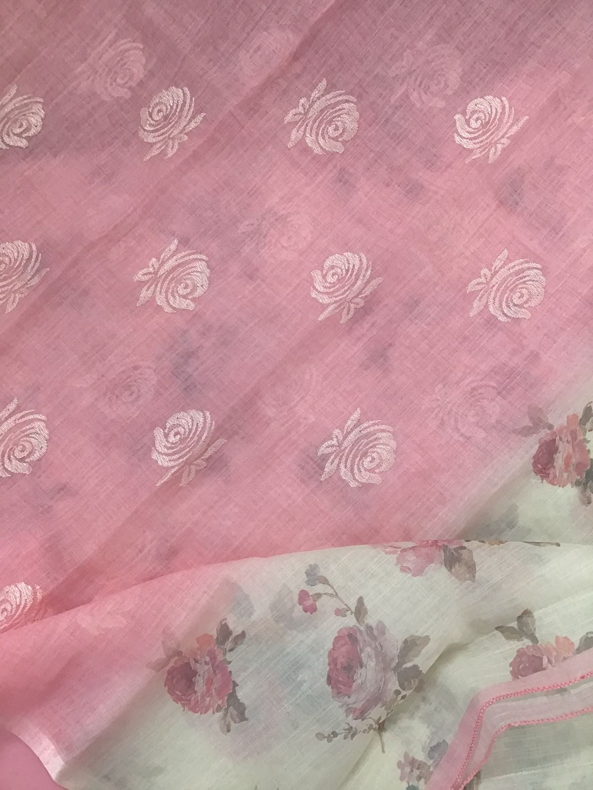 Soft Linen Jute Cotton Printed Embroidered Suit - Off White