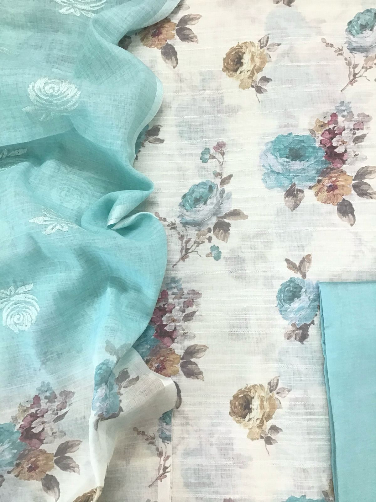 Soft Linen Jute Cotton Printed Embroidered Suit - Off White