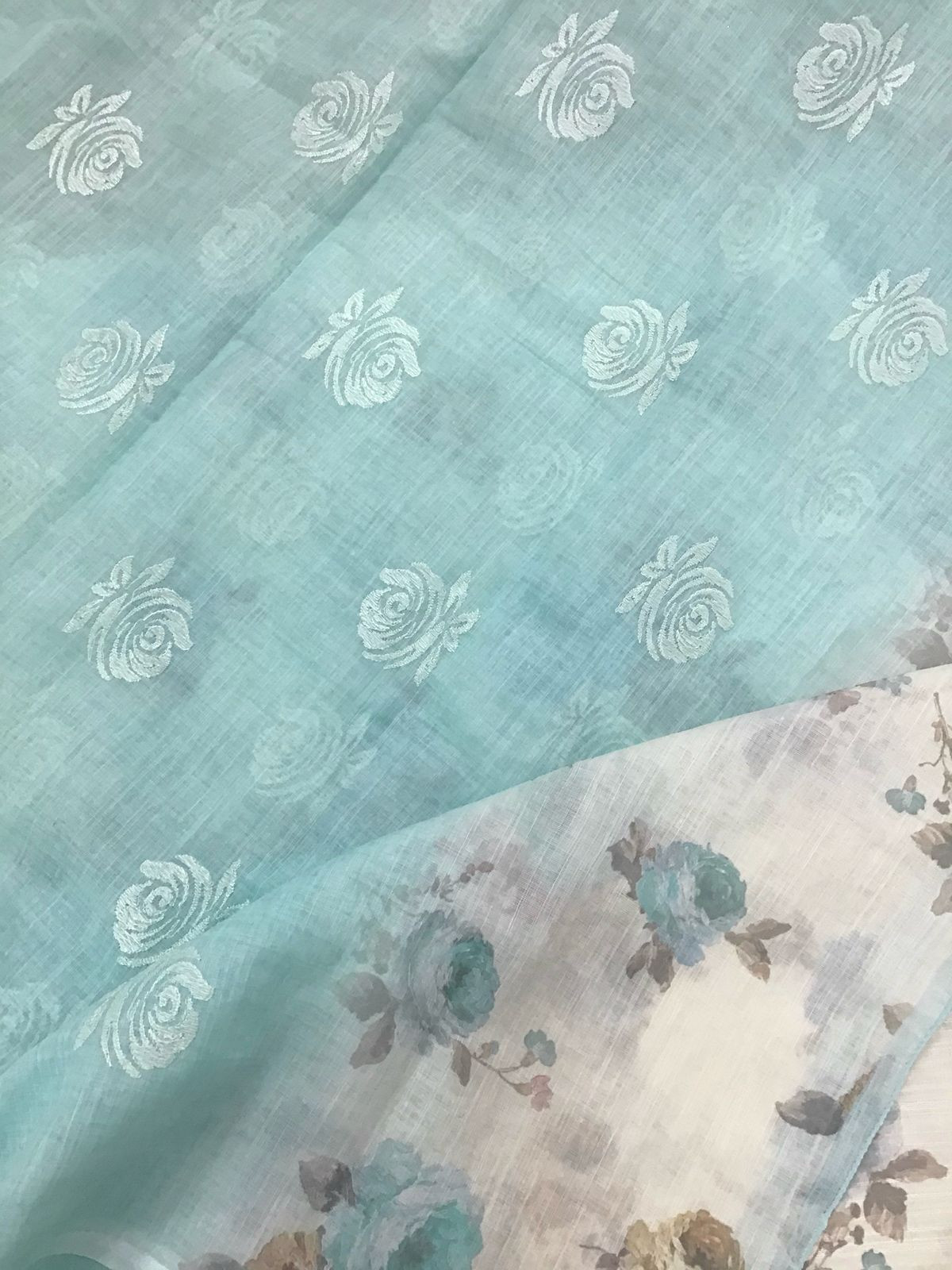 Soft Linen Jute Cotton Printed Embroidered Suit - Off White