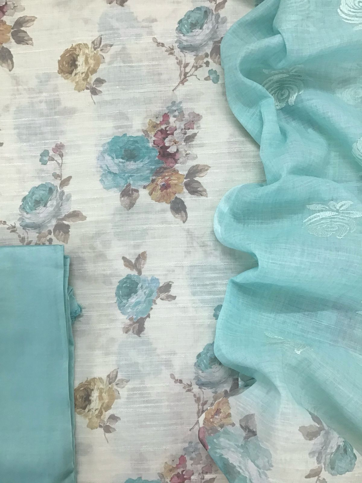 Soft Linen Jute Cotton Printed Embroidered Suit - Off White