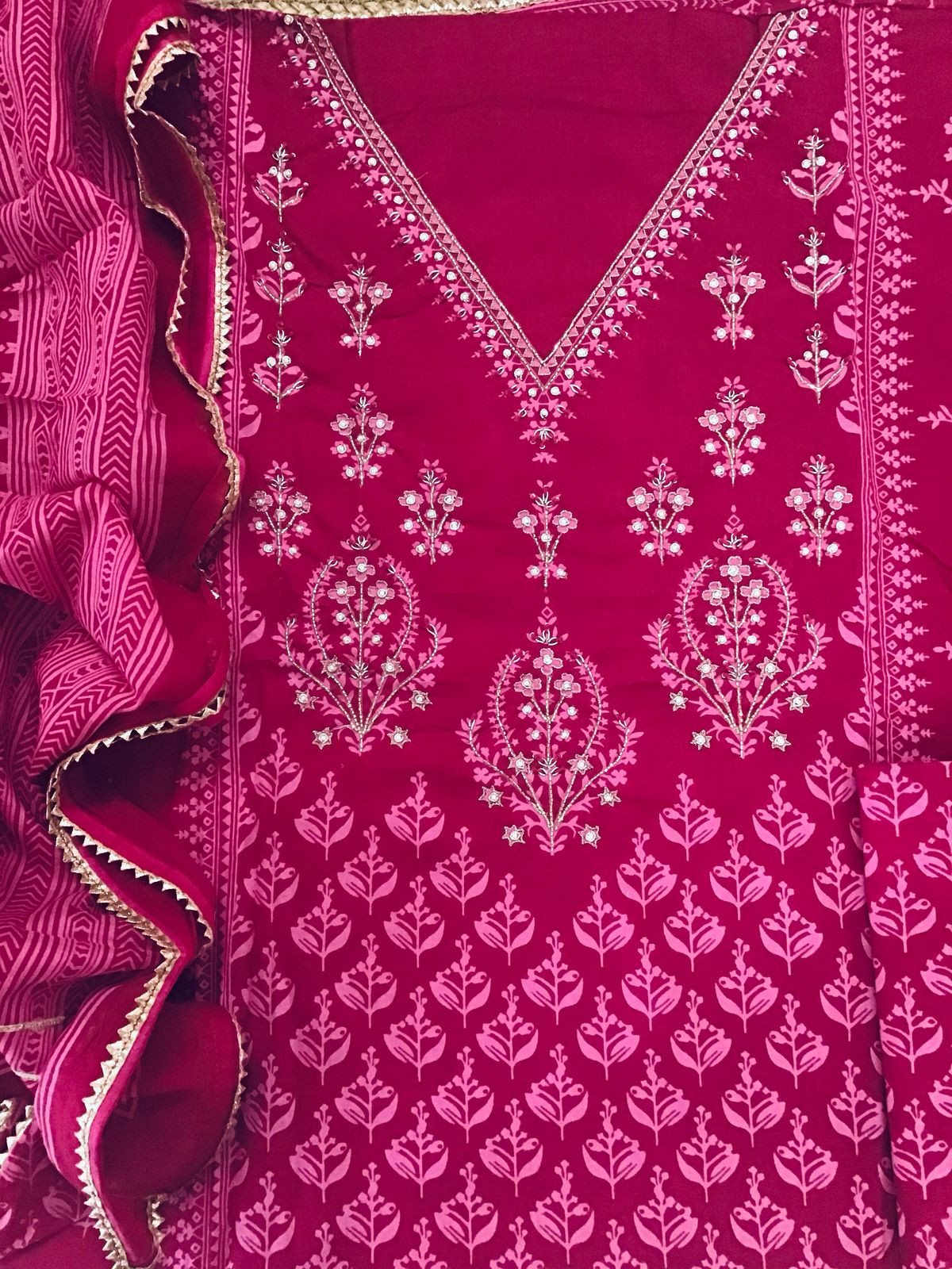 Pure Cotton Printed Embroidered Suit - Pink