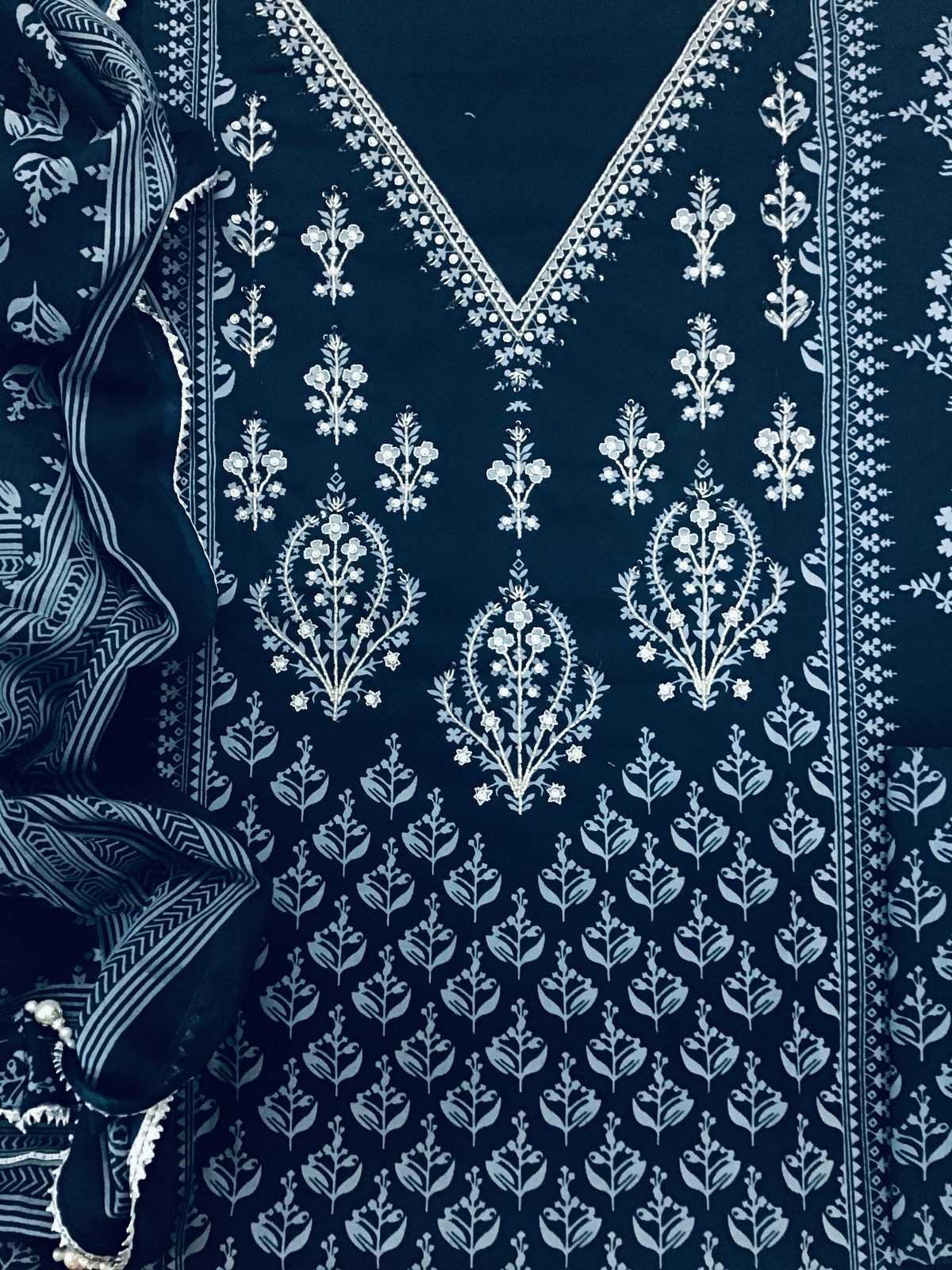 Pure Cotton Printed Embroidered Suit - Blue