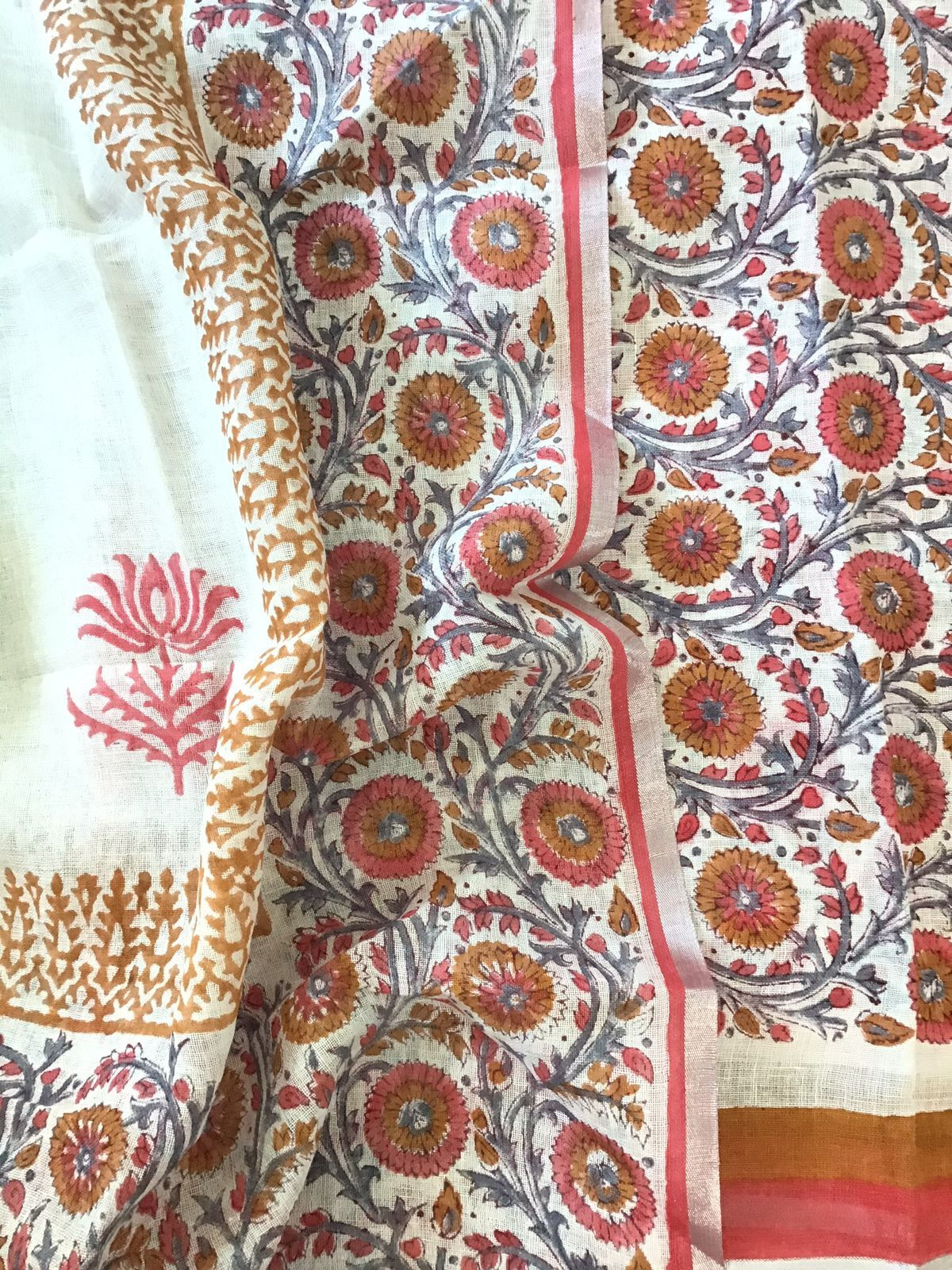 Soft Linen Jute Cotton Printed Suit - Off White