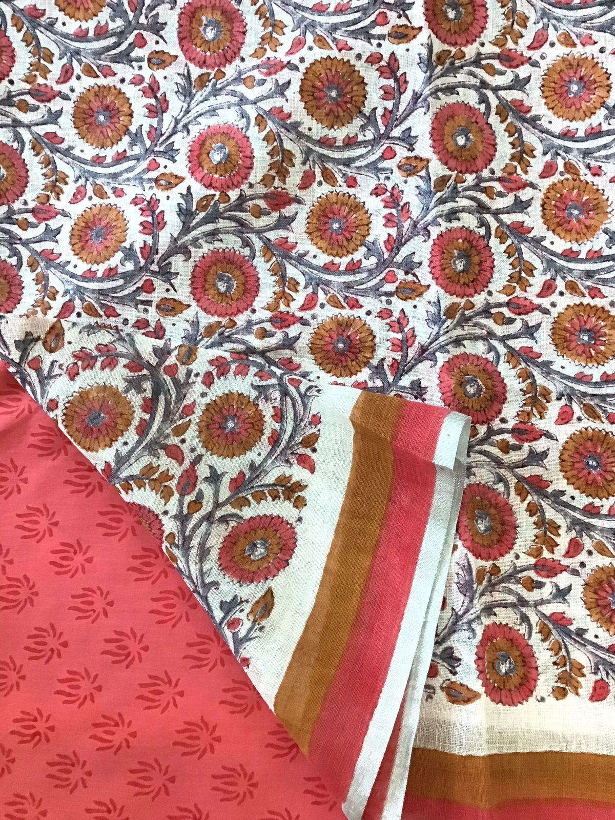 Soft Linen Jute Cotton Printed Suit - Off White