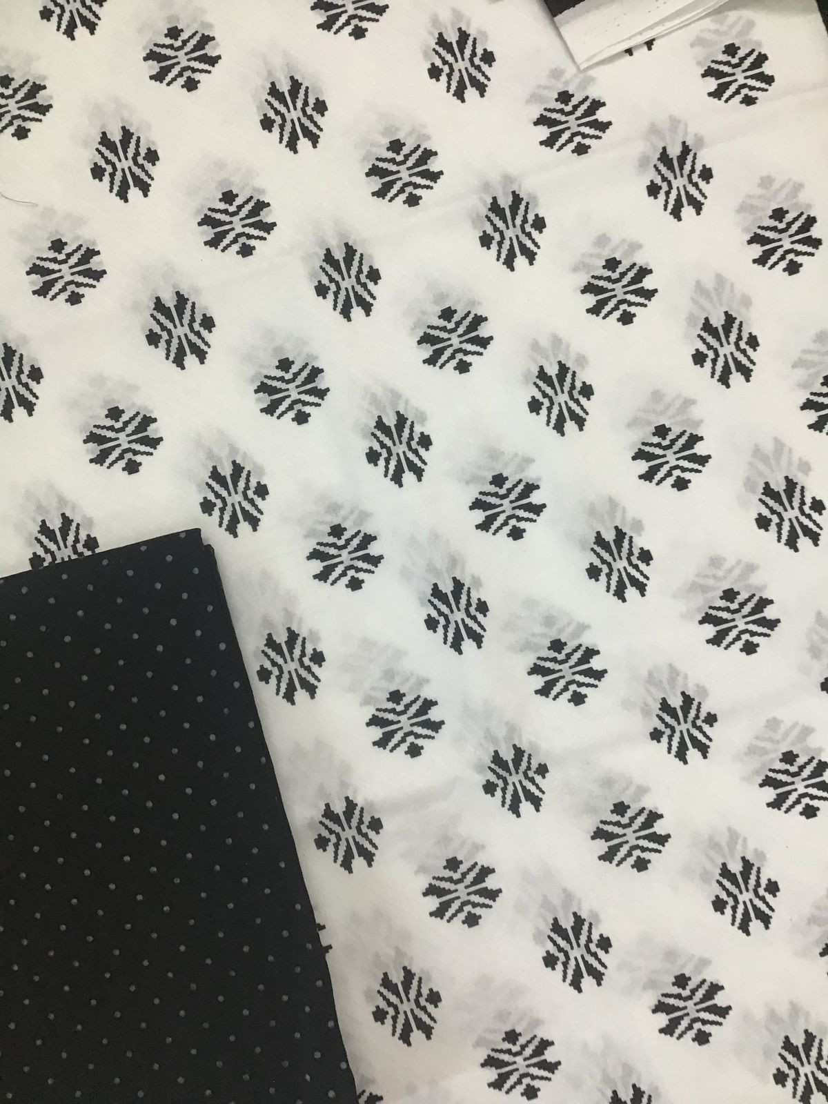 Pure Cotton Printed Self Weaved Suit - White