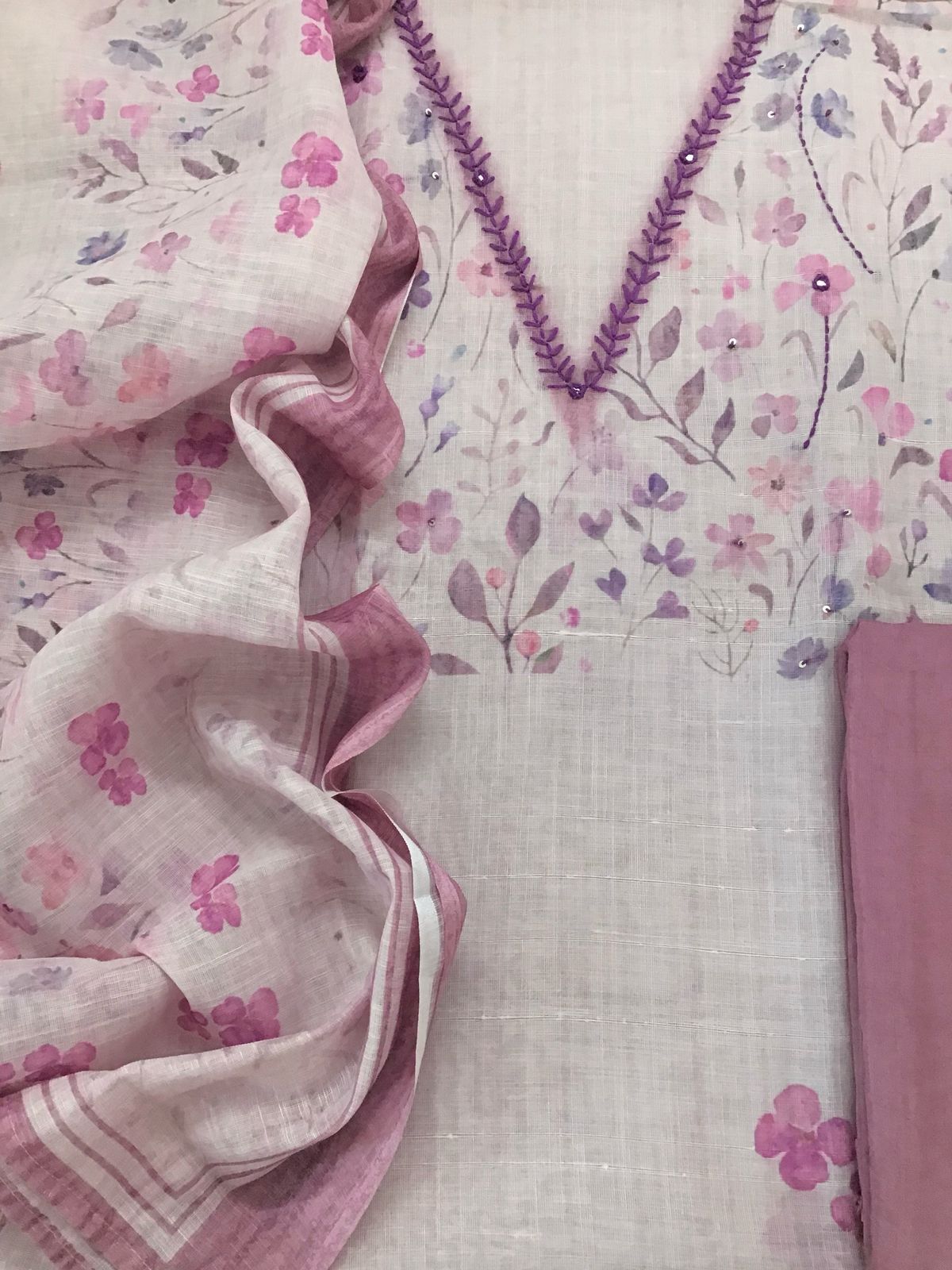 Soft Linen Jute Cotton Printed Embroidered Suit - Purple