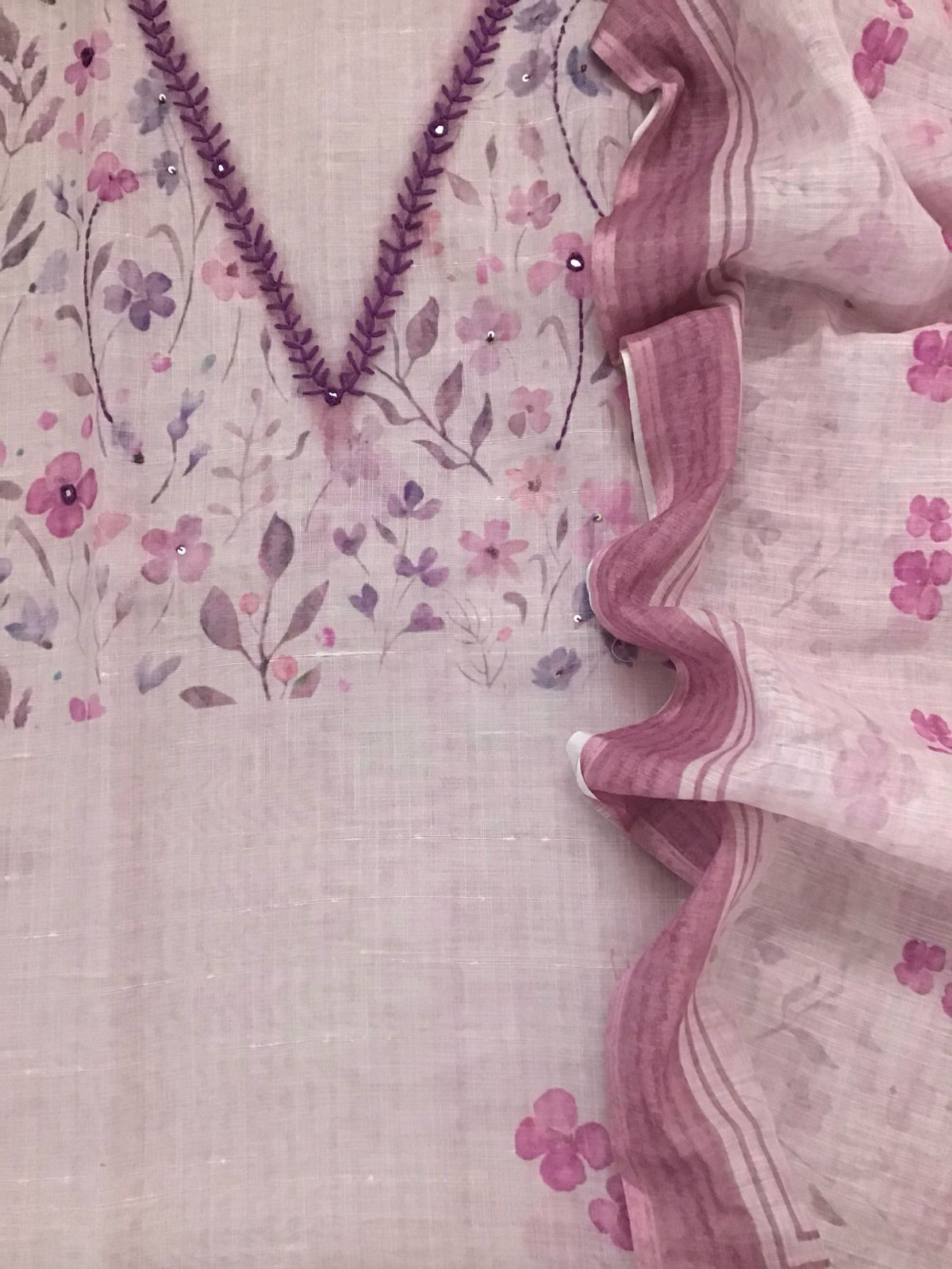 Soft Linen Jute Cotton Printed Embroidered Suit - Purple