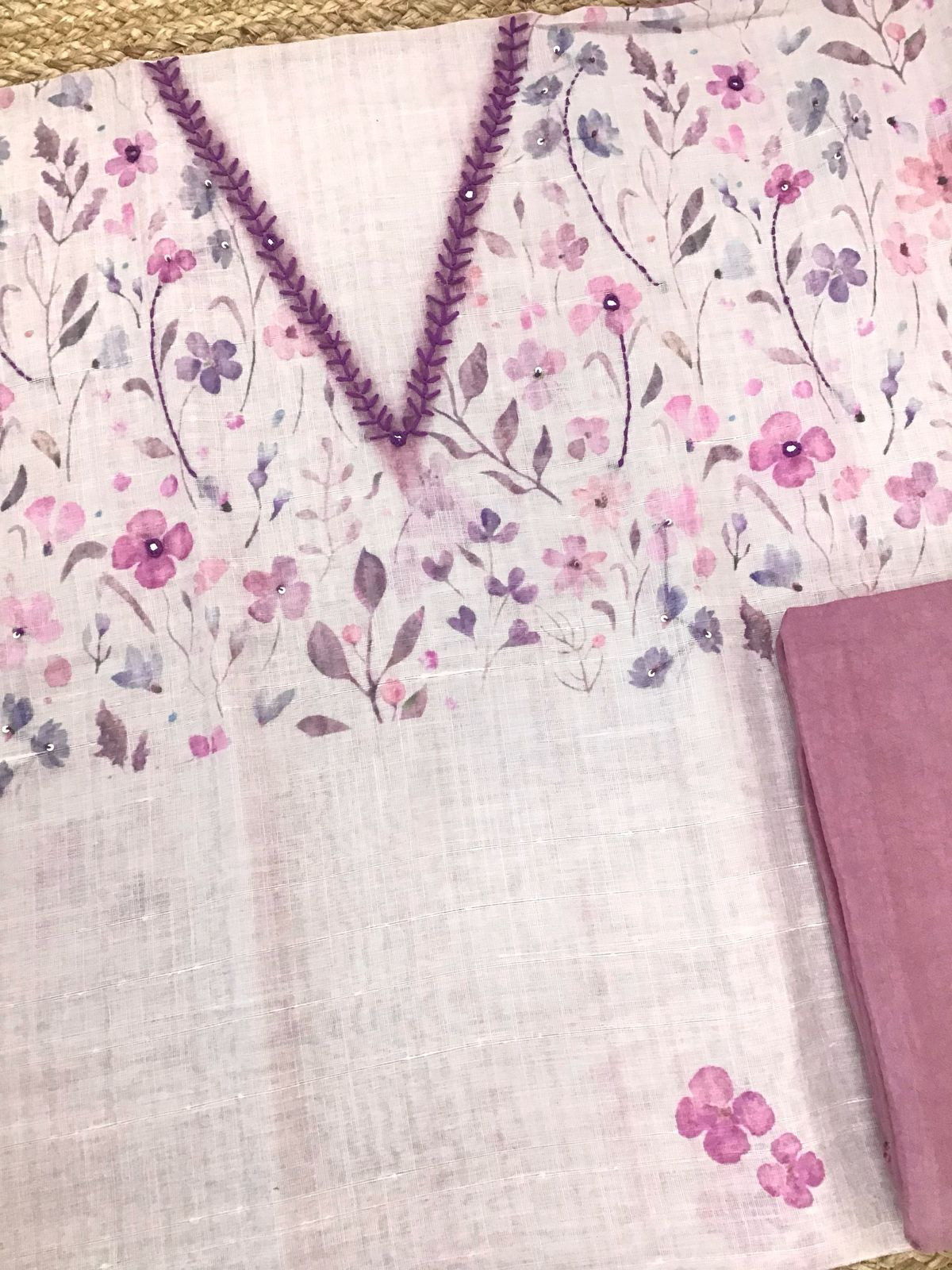 Soft Linen Jute Cotton Printed Embroidered Suit - Purple