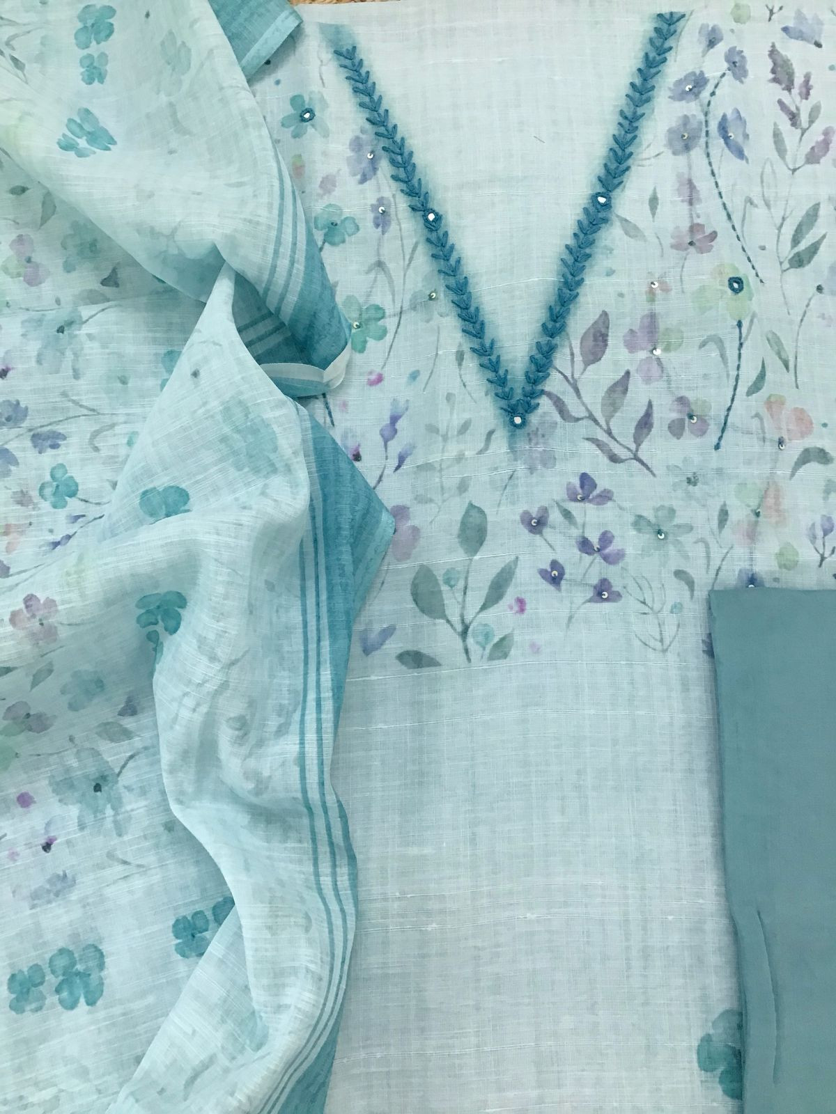 Soft Linen Jute Cotton Printed Embroidered Suit - Blue